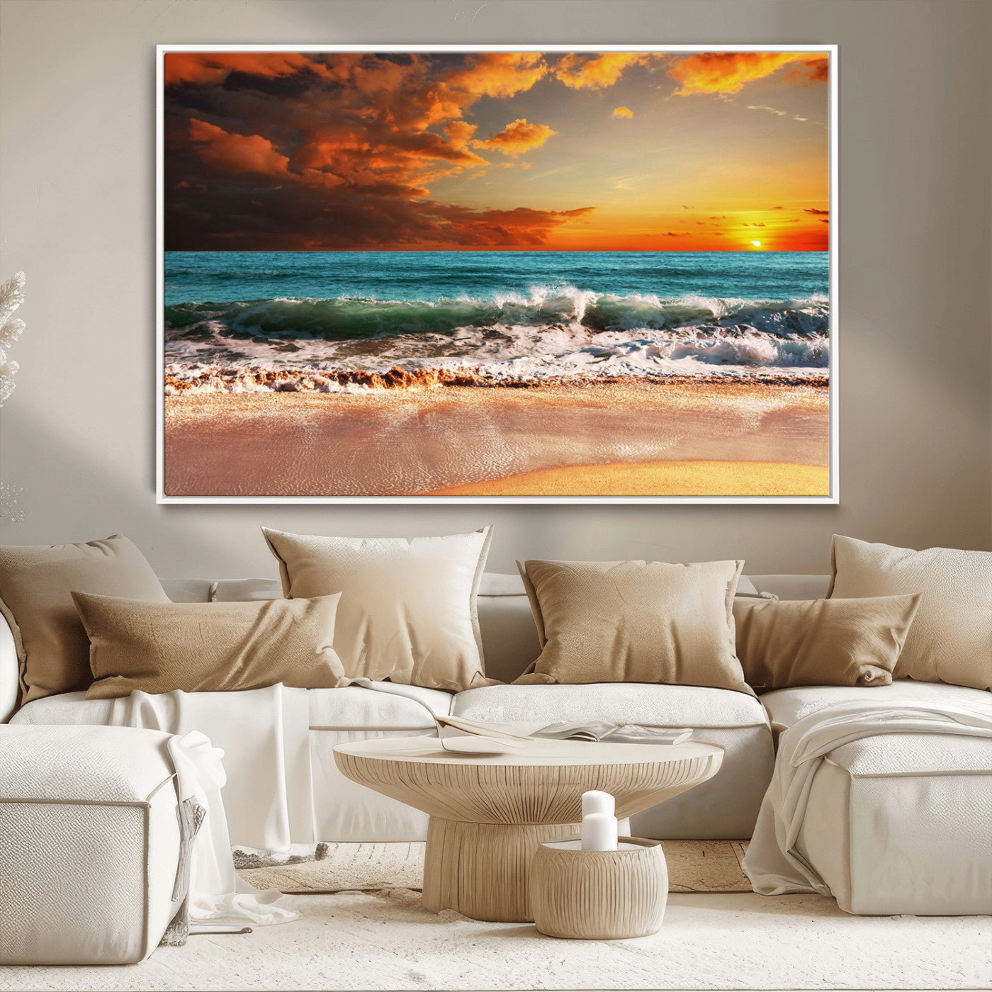 MGV-FC-36X24 - Golden Sunset Beach Canvas Wall Art – Triptych Seascape Print – Framed and Ready to Hang for Living Room or Office