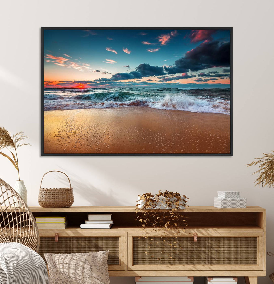 Sunset on Beach Wall Art: Waves under a vibrant sky. Crafted on museum-quality canvas, ready to hang and admire.