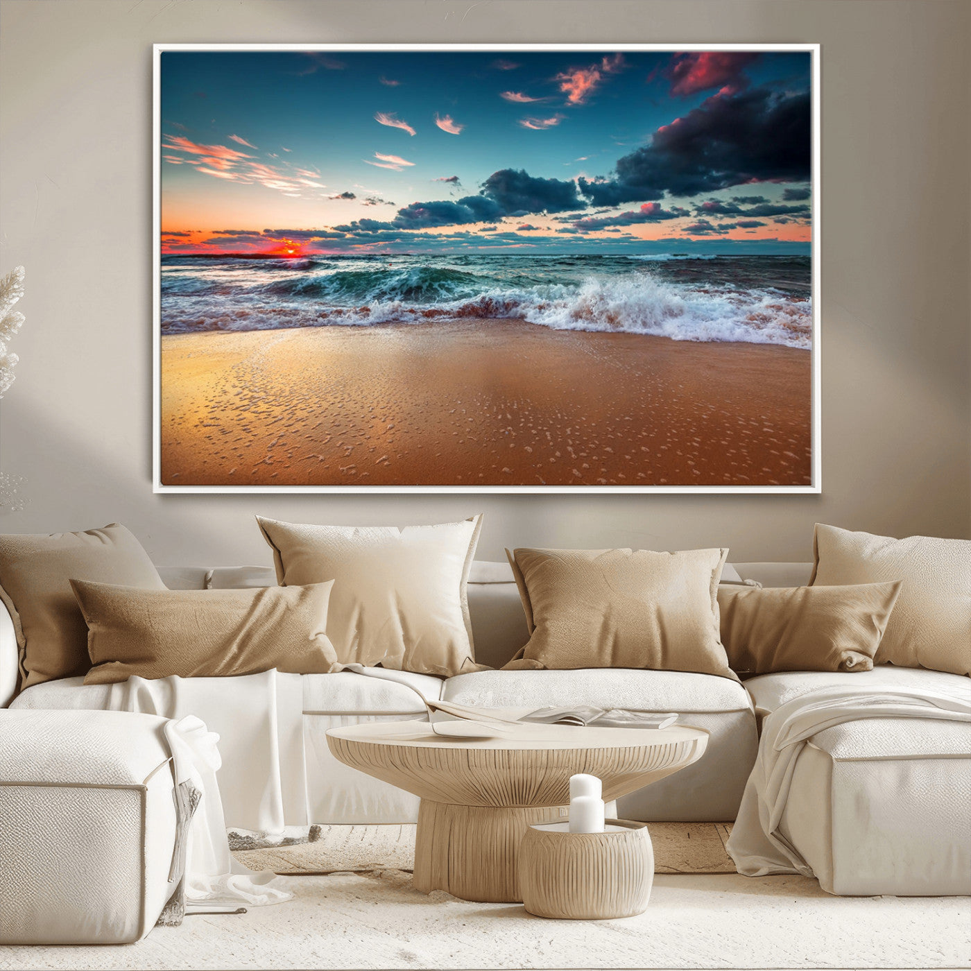 MGV-FC-36X24 - Sunset Ocean Beach Wall Art – Giclee Canvas Print, Coastal Seascape, Ready to Hang, Beach Decor, Large 3-Panel Set for Living Room