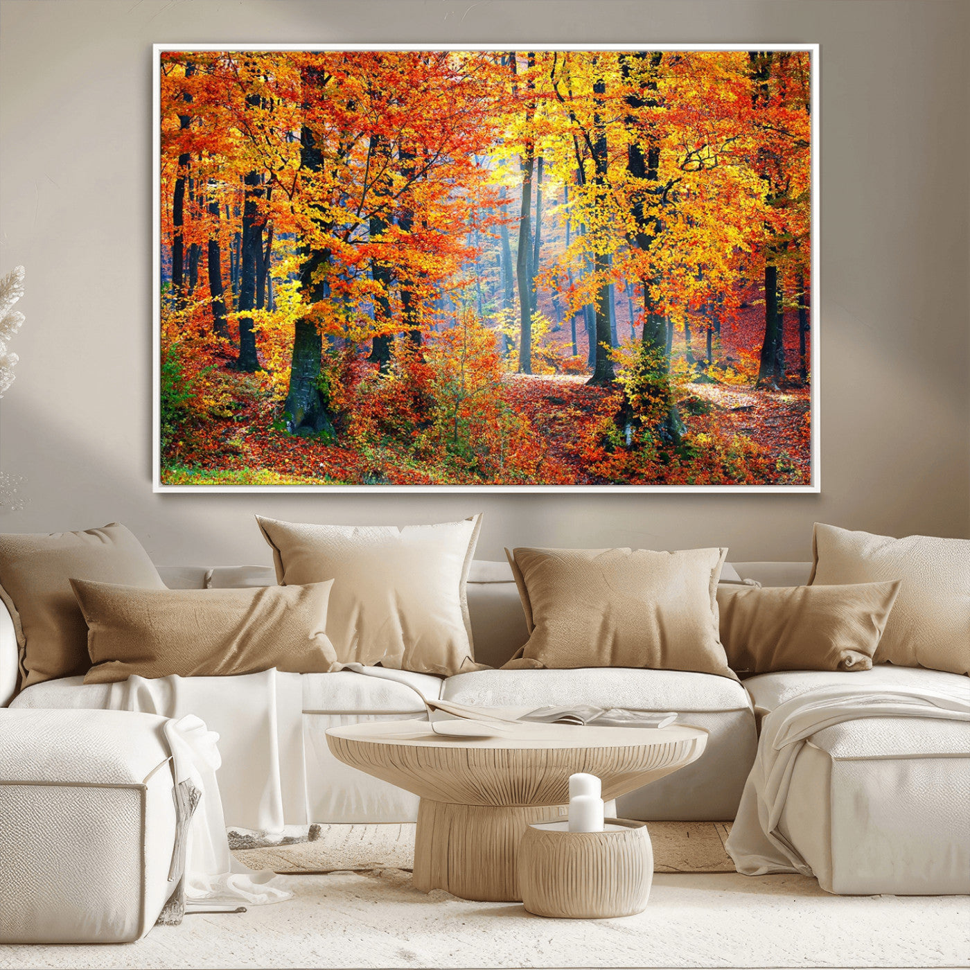 MGV-FC-36X24 - Autumn Red Forest Triptych Canvas Wall Art Print, Forest Wall Decor, Fall Landscape Art | Season Nature Landscape for Home or Office