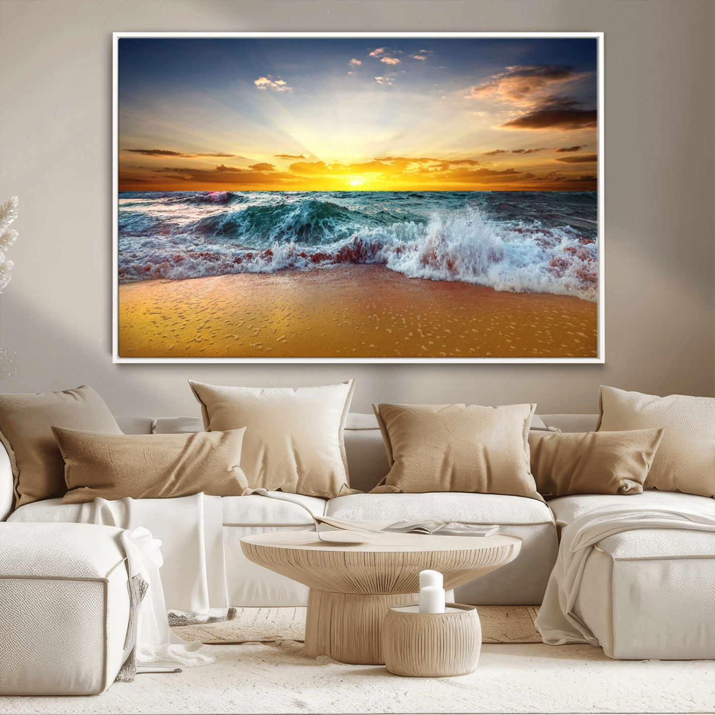 MGV-FC-36X24 - Golden Sunset Ocean Waves Wall Art Canvas Print – Multi Panel Beach Canvas Print Set – Large Coastal Triptych Print for Home or Farmhouse Decor