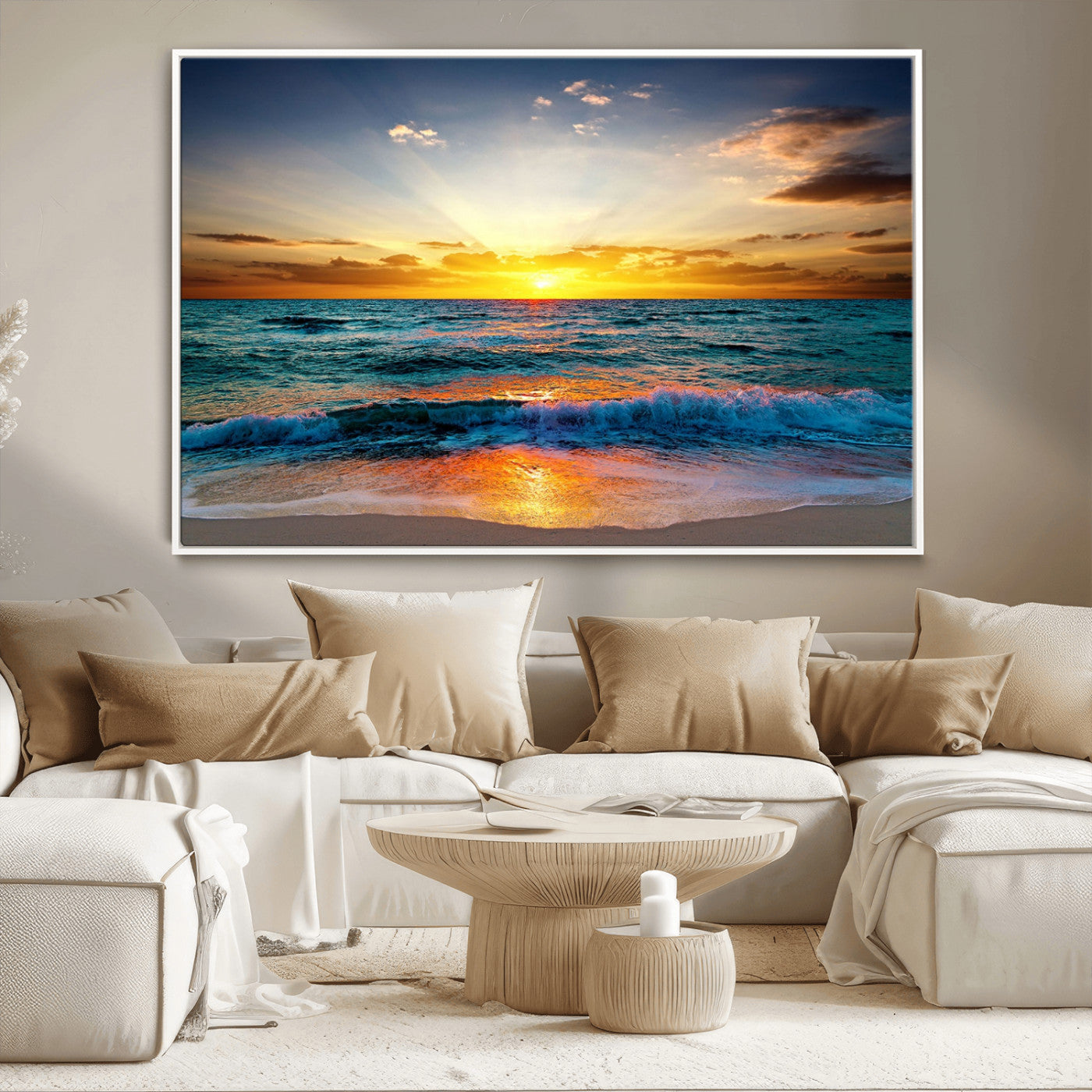 MGV-FC-36X24 - Vibrant Ocean Sunrise Over Golden Beach Waves, Giclee Canvas Wall Art Set, High-Quality Stretched Canvas Print, Ready to Hang Coastal Sunset Wall