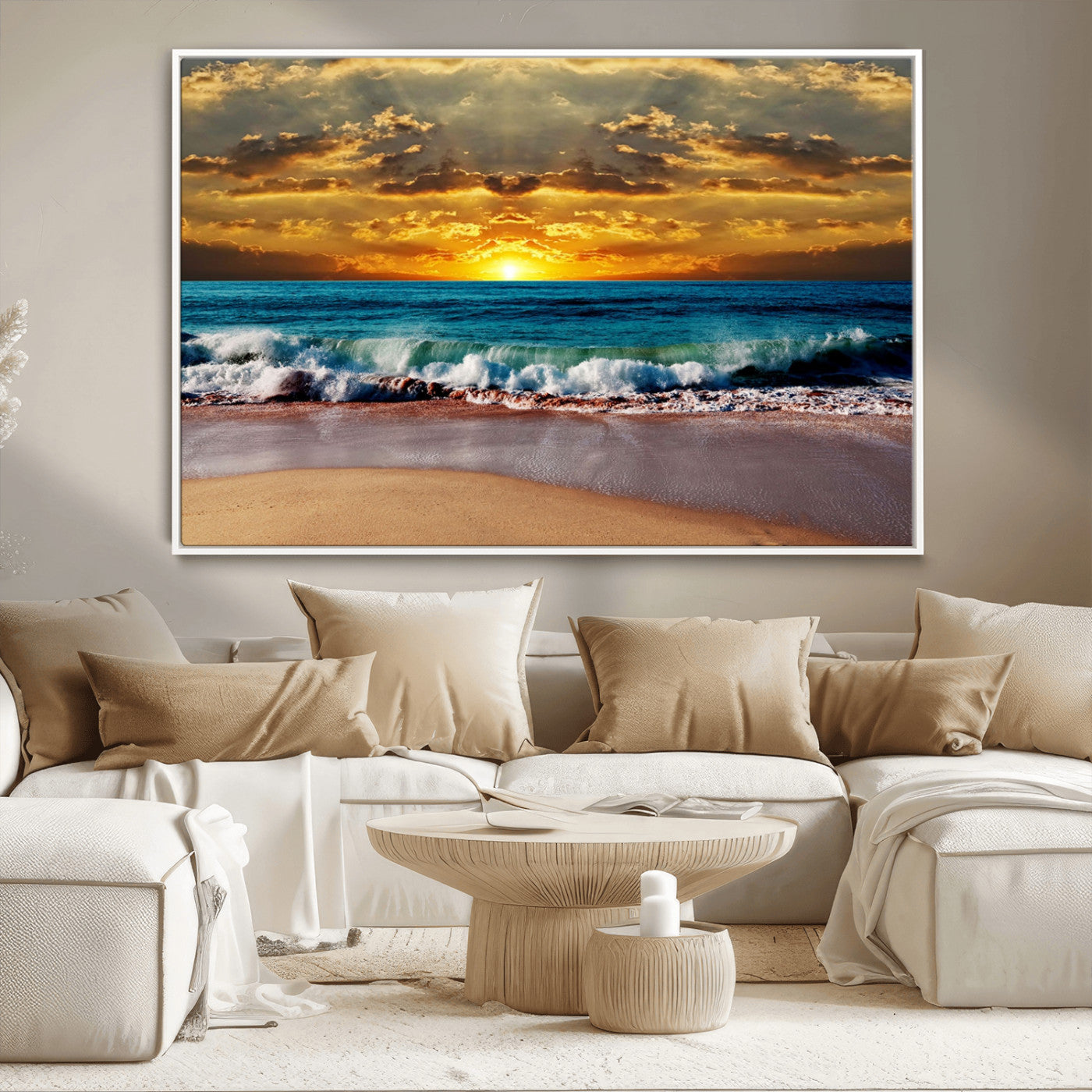 MGV-FC-36X24 - Ocean Sunrise Over Golden Beach Waves, Giclee Canvas Wall Art Set, High-Quality Stretched Canvas Print, Ready to Hang Coastal Sunset Wall Decor