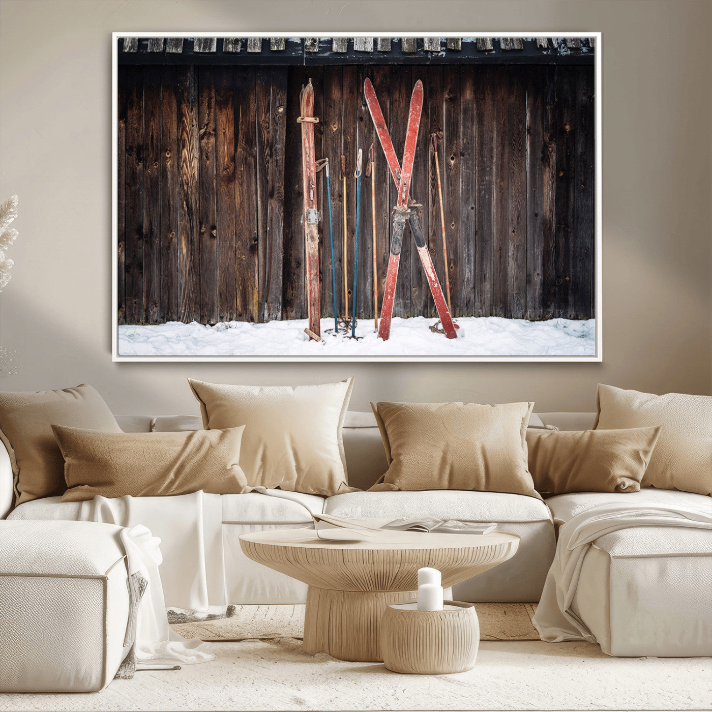 MGV-FC-36X24 - Vintage Ski Gear Against Wooden Cabin Wall, Rustic Winter Sports Equipment Canvas Print, Ready to Hang Wall Art, Perfect for Lodge or Ski Cabin Decor