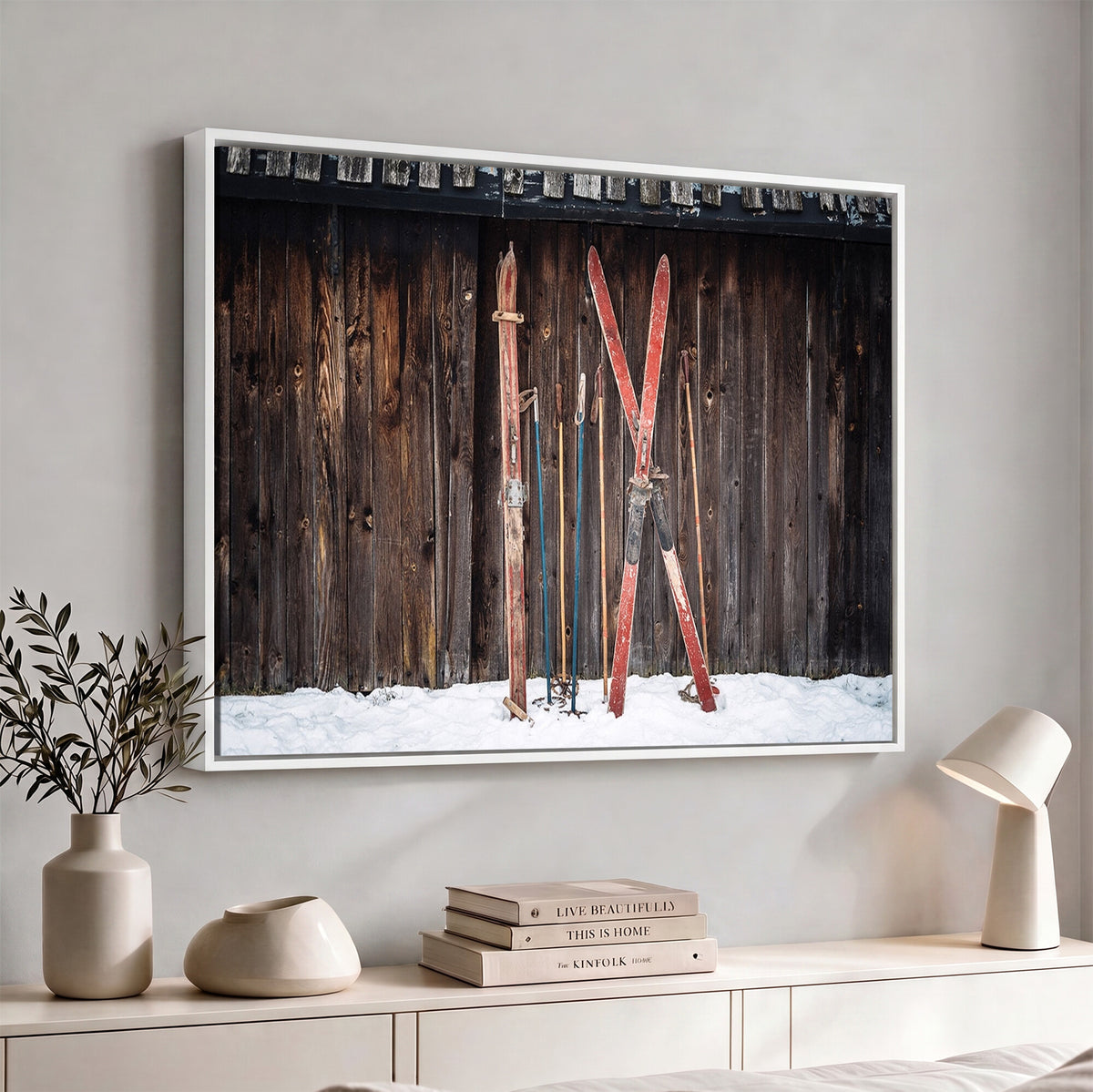 78590-MGV-CV-36X24 - Vintage Ski Gear Canvas Print, Vintage Ski Gear Against Wooden Cabin Wall