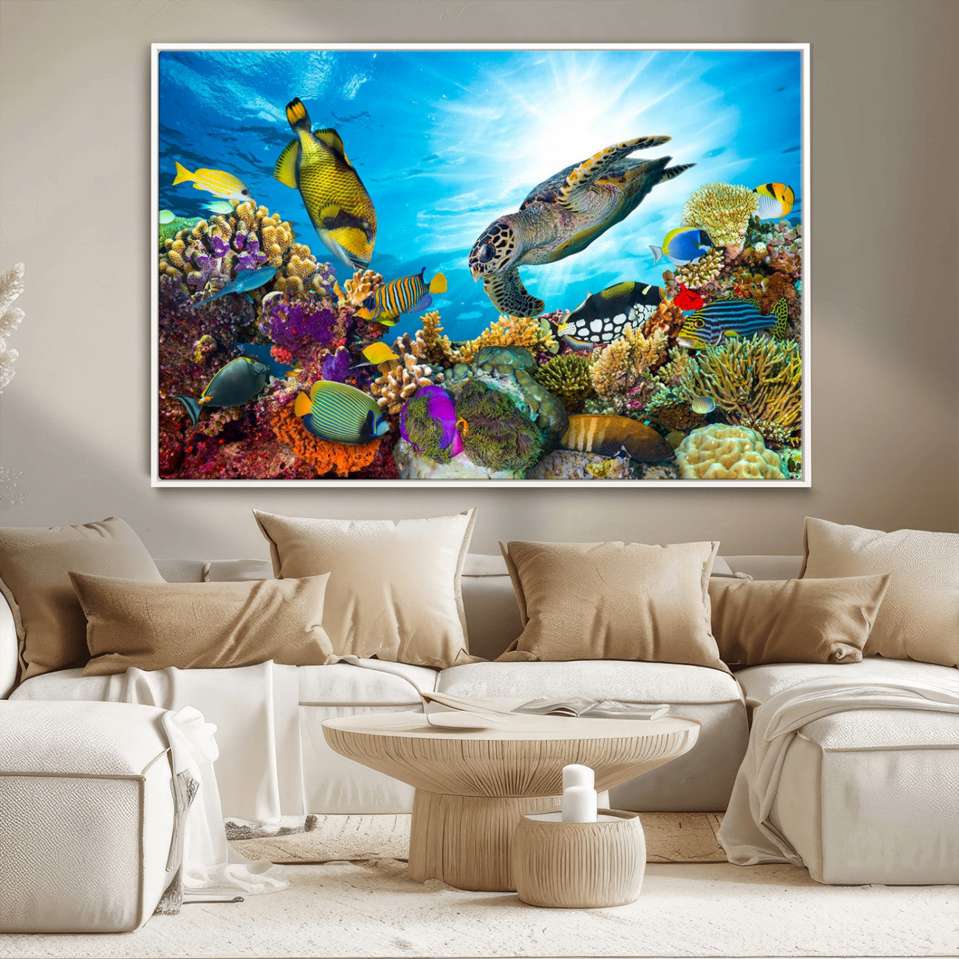 MGV-FC-36X24 - Sea Turtle Coral Reef Wall Art Print – Colorful Underwater Canvas Print – Tropical Ocean Marine Life Artwork – Perfect for Coastal Home Decor