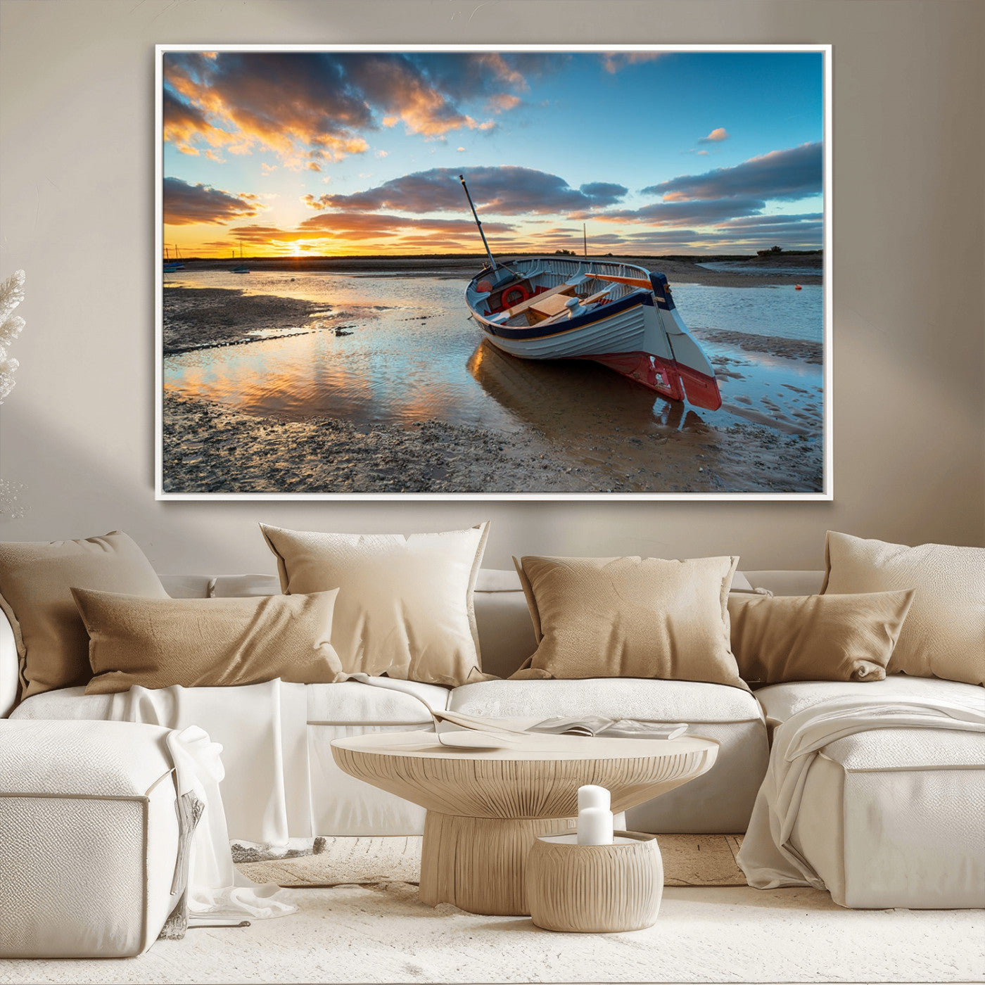 MGV-FC-36X24 - Small Boat At The Beach Sunset Wall Art, Boat Sunset Wall Art Canvas Print