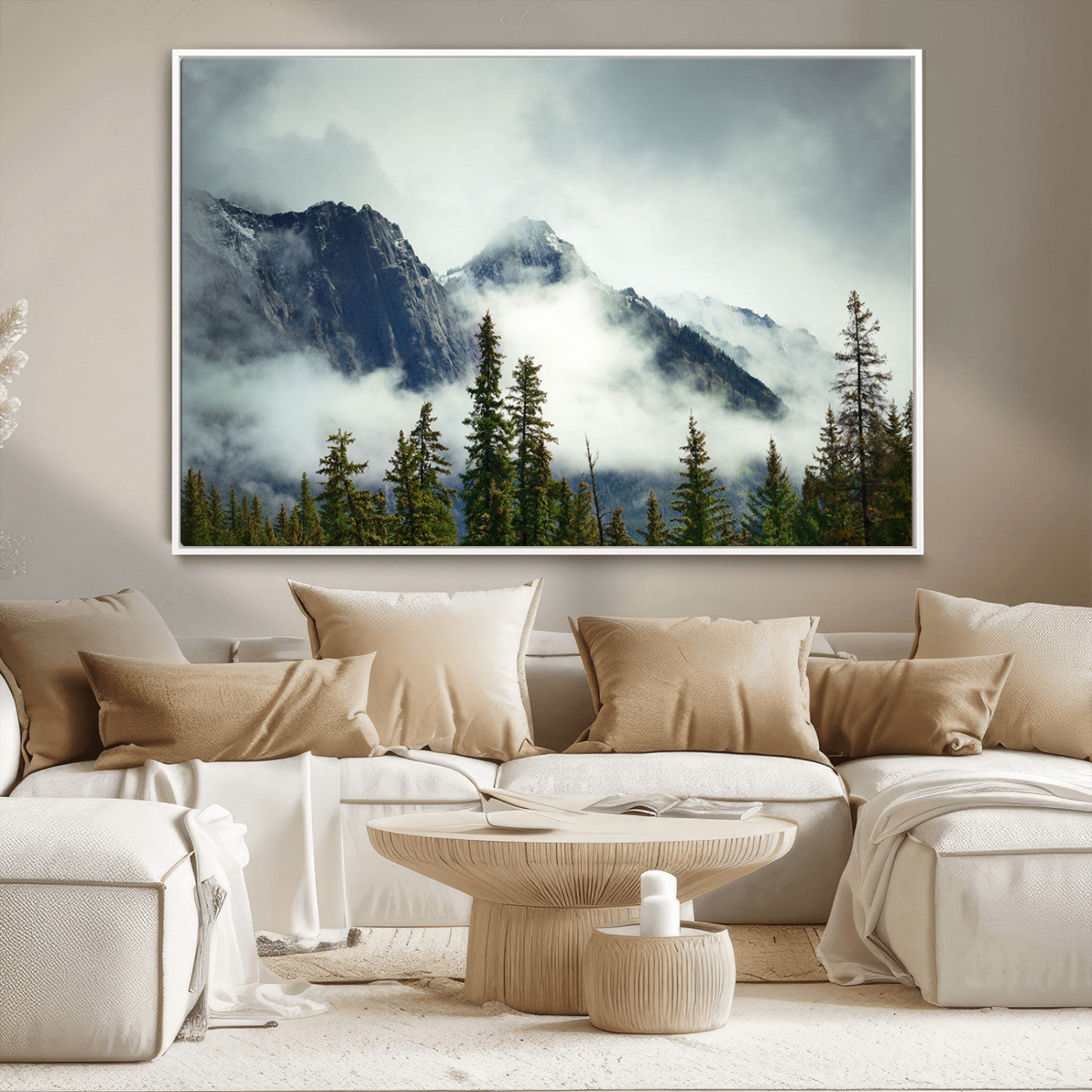 MGV-FC-36X24 - Mountain Mist Canvas Wall Art | 3-Panel Foggy Forest and Mountain Landscape | Large Giclee Print for Living Room, Office, or Cabin, Farmhouse Decor