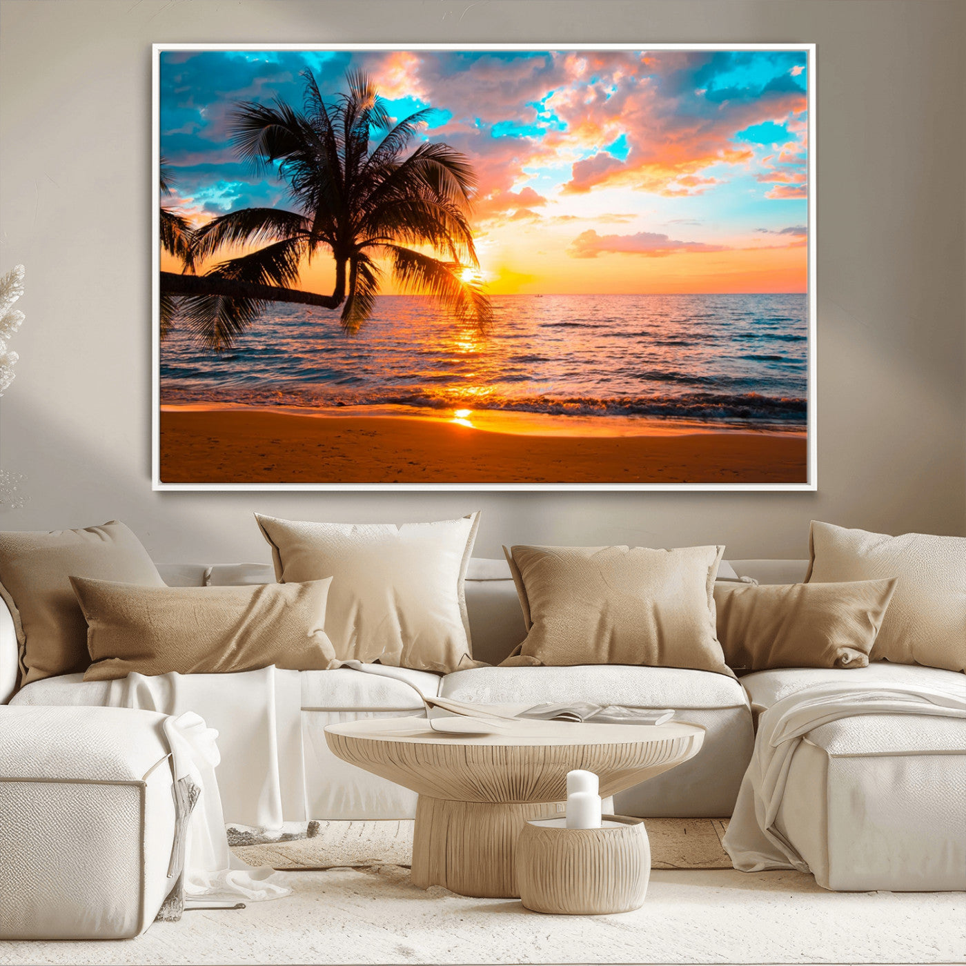 -Palm Tree Sunset On The Beach Wall Art Canvas, Framed Palm Tree Sunset Canvas Print
