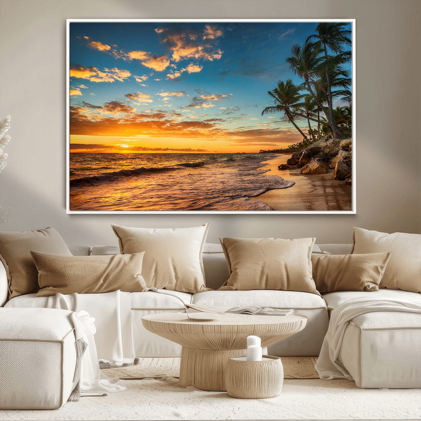 MGV-FC-36X24 - Tropical Beach Sunset Wall Art Print – Palm Tree Coastal Canvas Print – Ocean Seascape Artwork – Perfect for Tropical Modern Home Decor