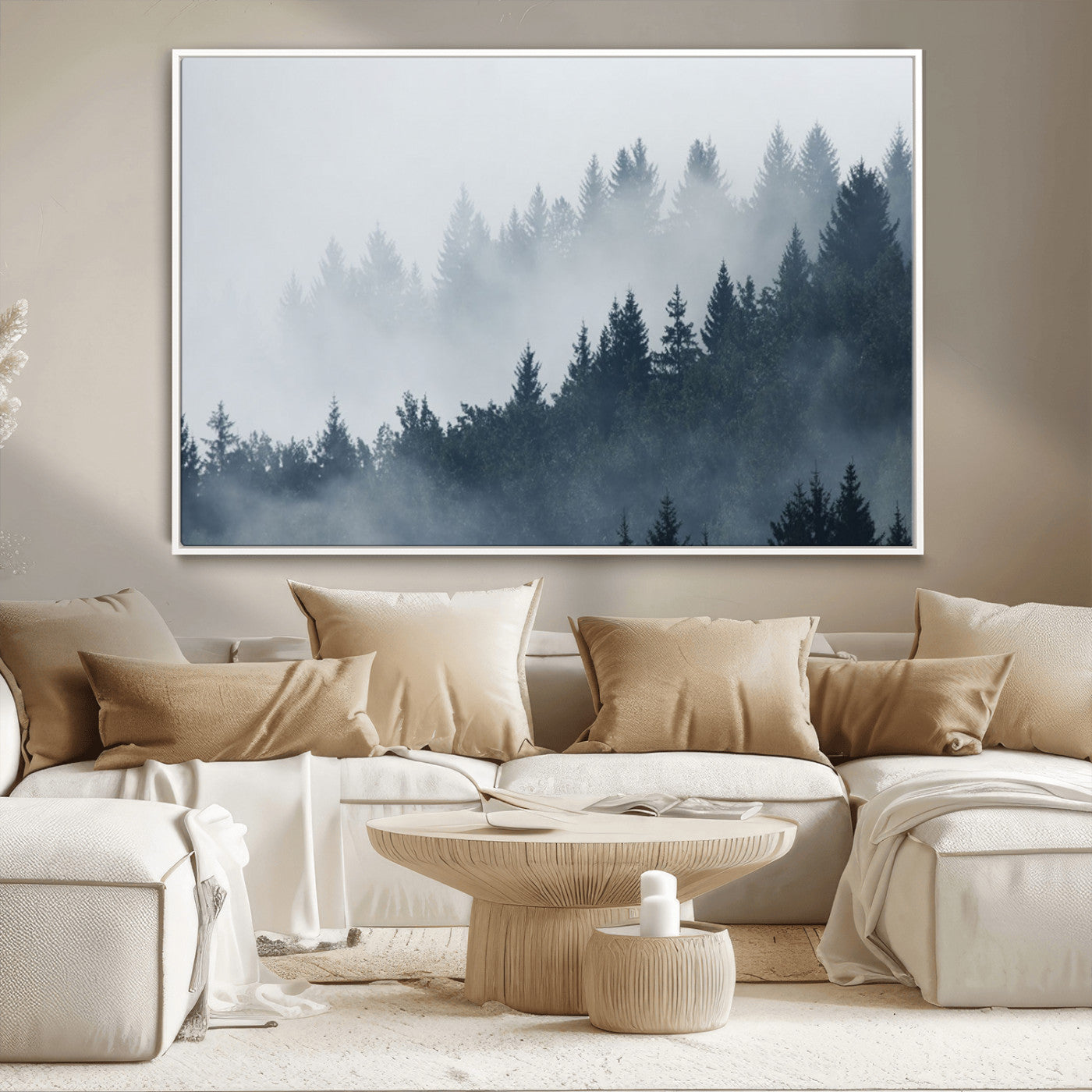 MGV-FC-36X24 - Misty Forest Wall Art Print – Foggy Pine Tree Canvas Print – Dark Woodland Nature Artwork – Perfect for Minimalist and Modern Home Decor