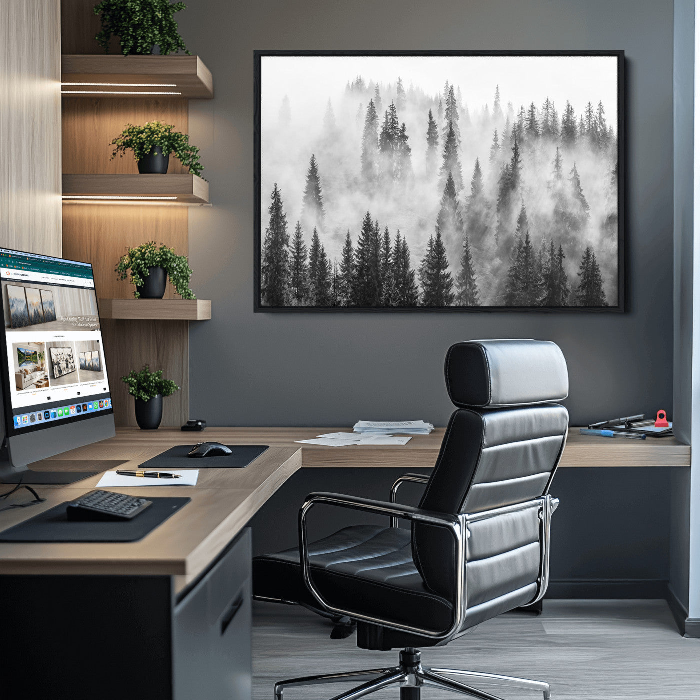 10422-MGV-CV-36X24-Forest Wall Art Print | Foggy Pine Forest Canvas Wall Art - Black and White Nature Decor for Living Room