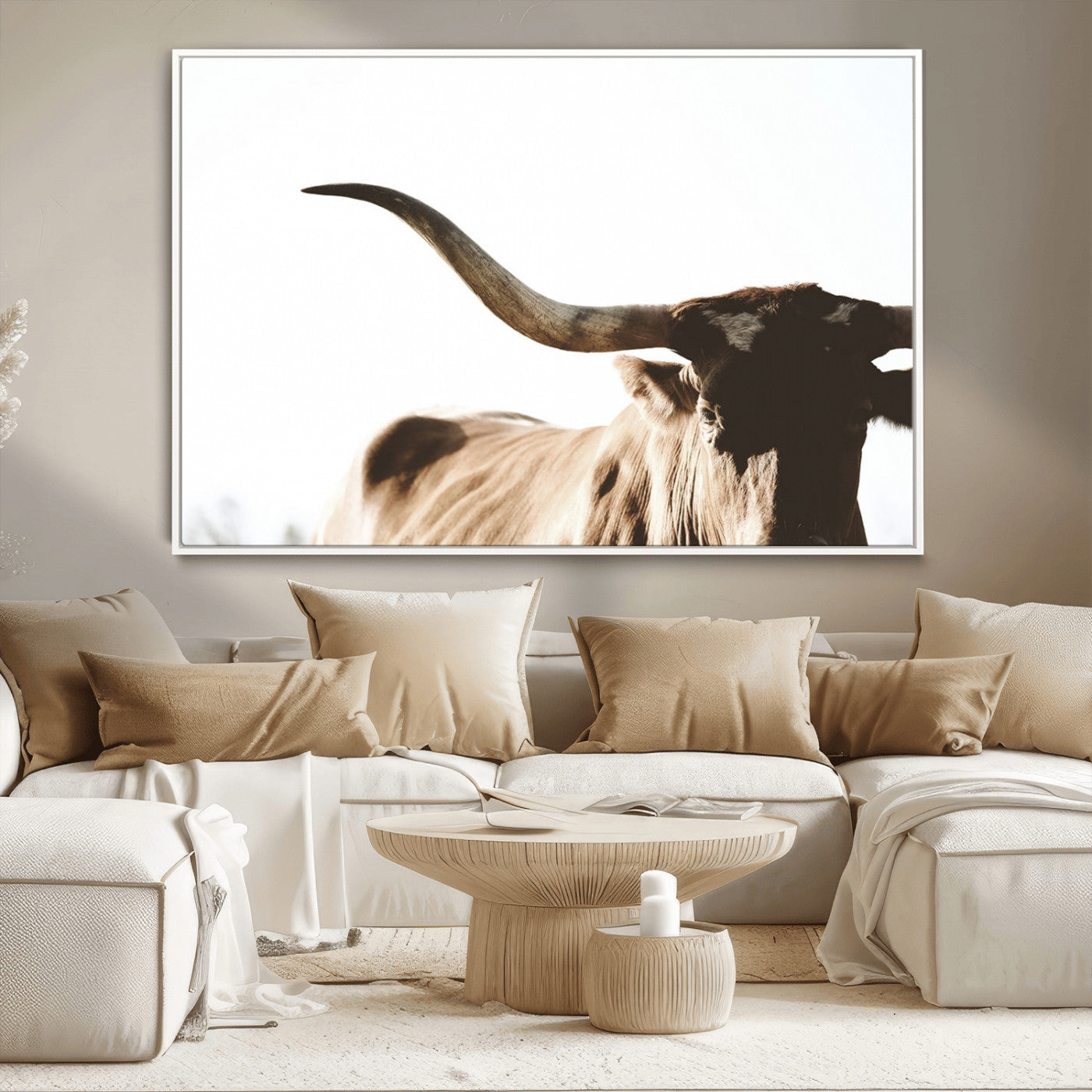MGV-FC-36X24 - Texas Longhorn Wall Art Canvas Print | 3-Panel Large Longhorn Canvas Print for Living Room, Framed Gallery Wrap Office, Rustic Western Cowboy Decor