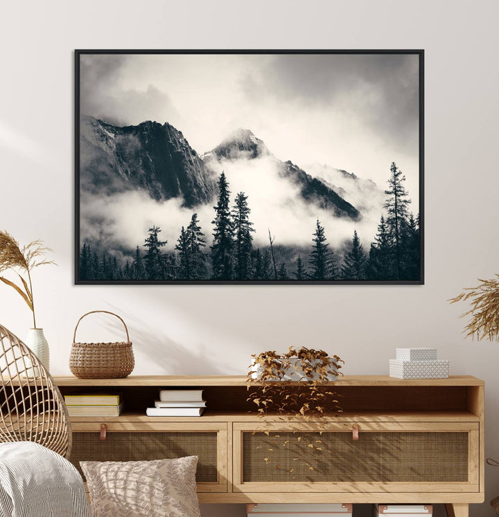 Forest Mountain Print - Black and White Canvas.