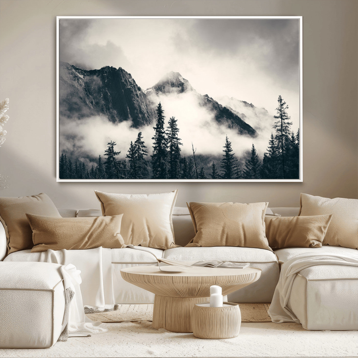 MGV-FC-36X24 - Large Foggy Mountain Forest Wall Art Canvas Print | Misty Mountain Peaks and Pine Trees Print | Framed Gallery Wrap | Rustic Nature Farmhouse Decor