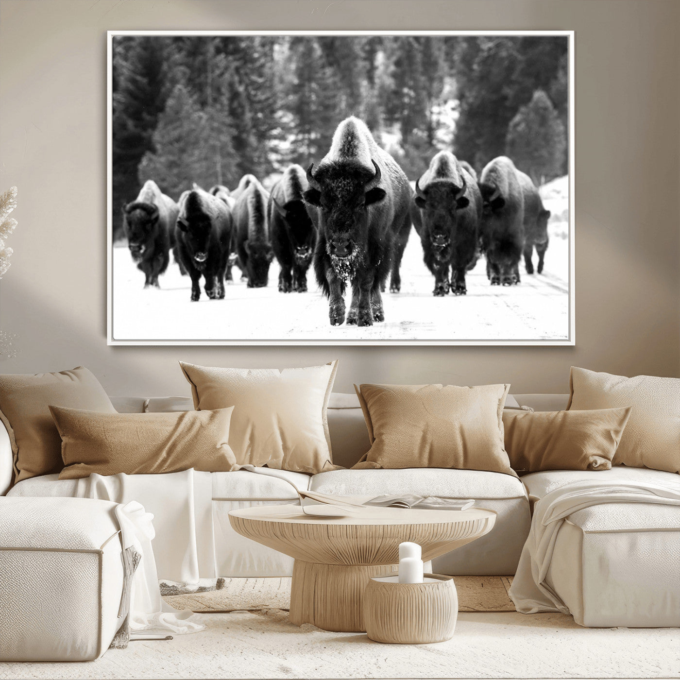 62434-MGV-CV-36X24-Bison Herd in Snow Wall Art Canvas Print | Rustic Western Bison Wall Art for Decor for Living Room,
