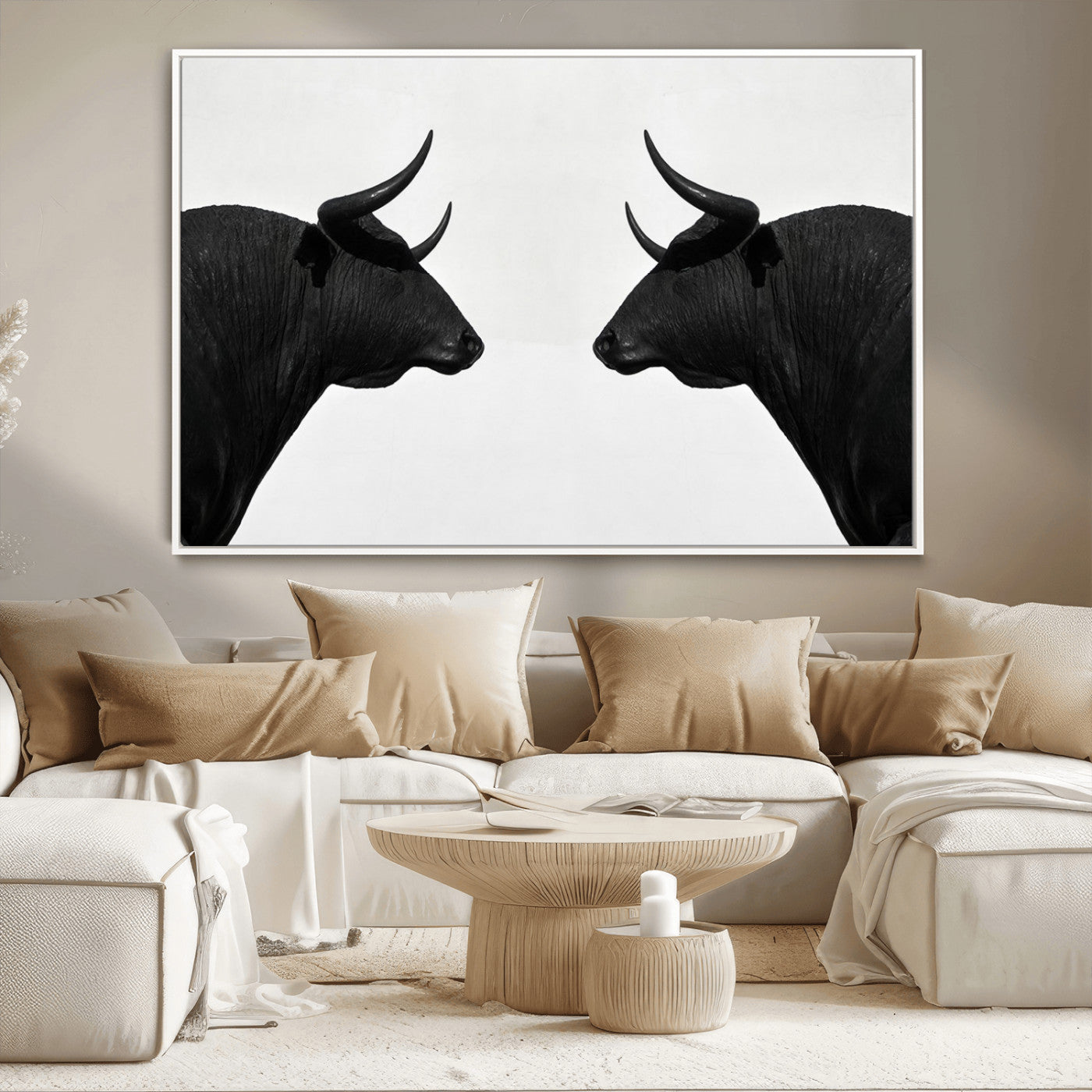 -Spanish Bull Art - Framed Black and White Bull Canvas Print for Modern Rustic Home or Office Decor