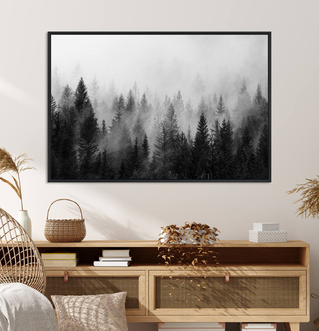 Fogy Forest Canvas Art features misty pines and a mountain landscape.