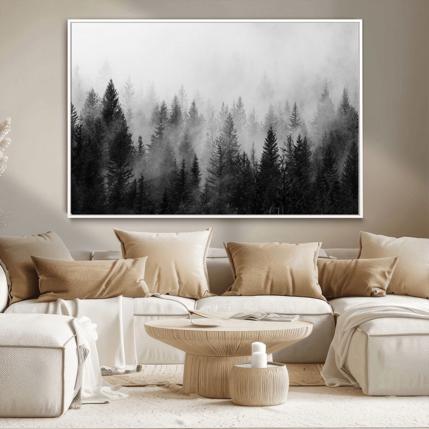MGV-FC-36X24 - Foggy Black and White Forest Wall Art, 3 Panel Misty Pine Trees Canvas Print for Living Room, Office, or Bedroom, Nature-Inspired Woodland Wall Decor