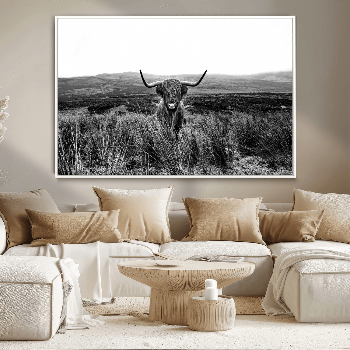 MGV-FC-36X24 - Black and White Highland Cow Canvas Wall Art, Longhorn Triptych Western Wall Decor for Cabin -