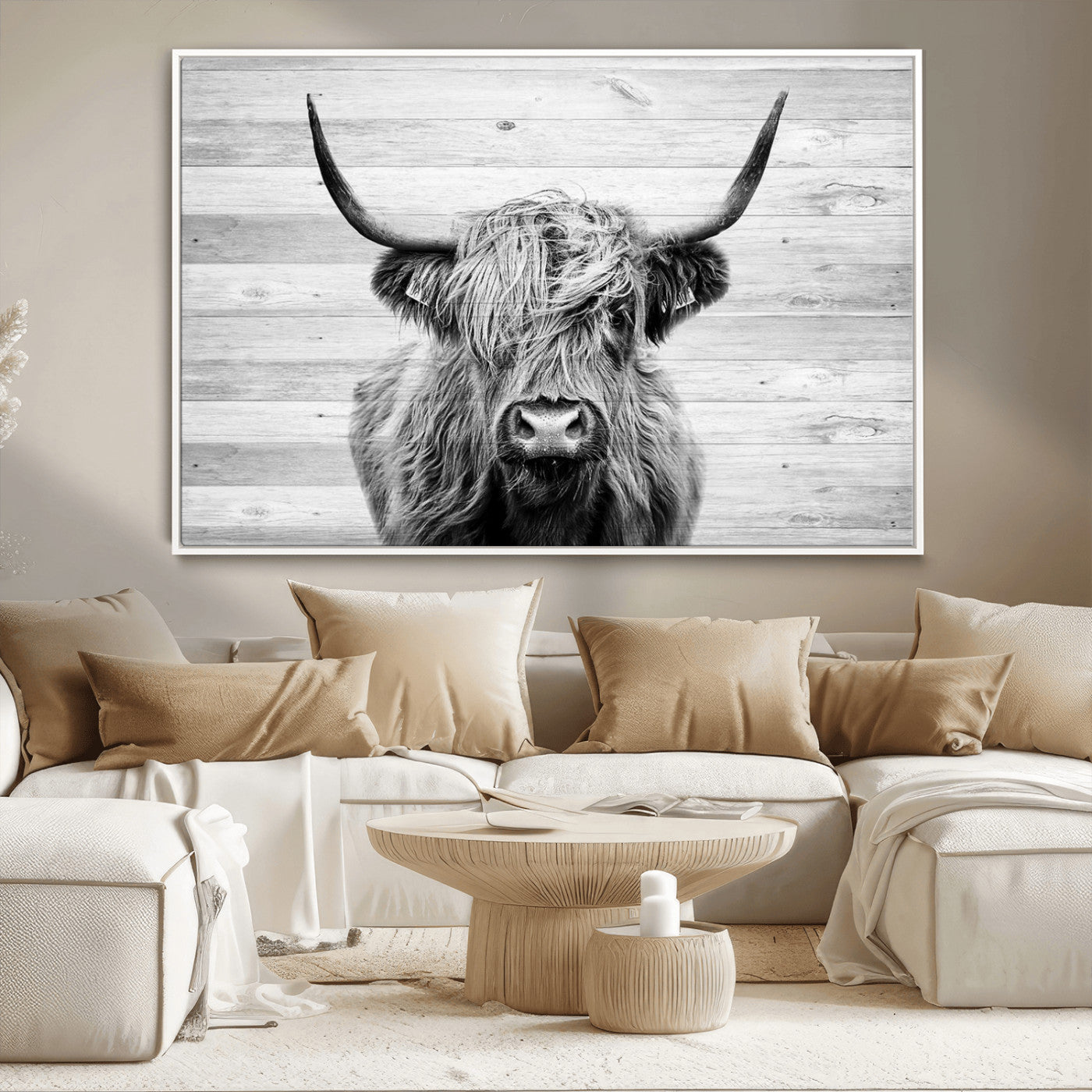 MGV-FC-36X24 - Scottish Highland Cow Cattle Art Print on Wood Background Style