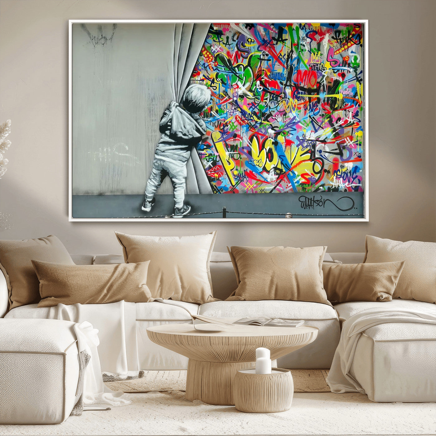 MGV-FC-36X24 - Banksy Colorful Street Graffiti Canvas Wall Art Print, Modern Art Triptych, Child and Graffiti Wall, Urban Art for Home or Office Decor