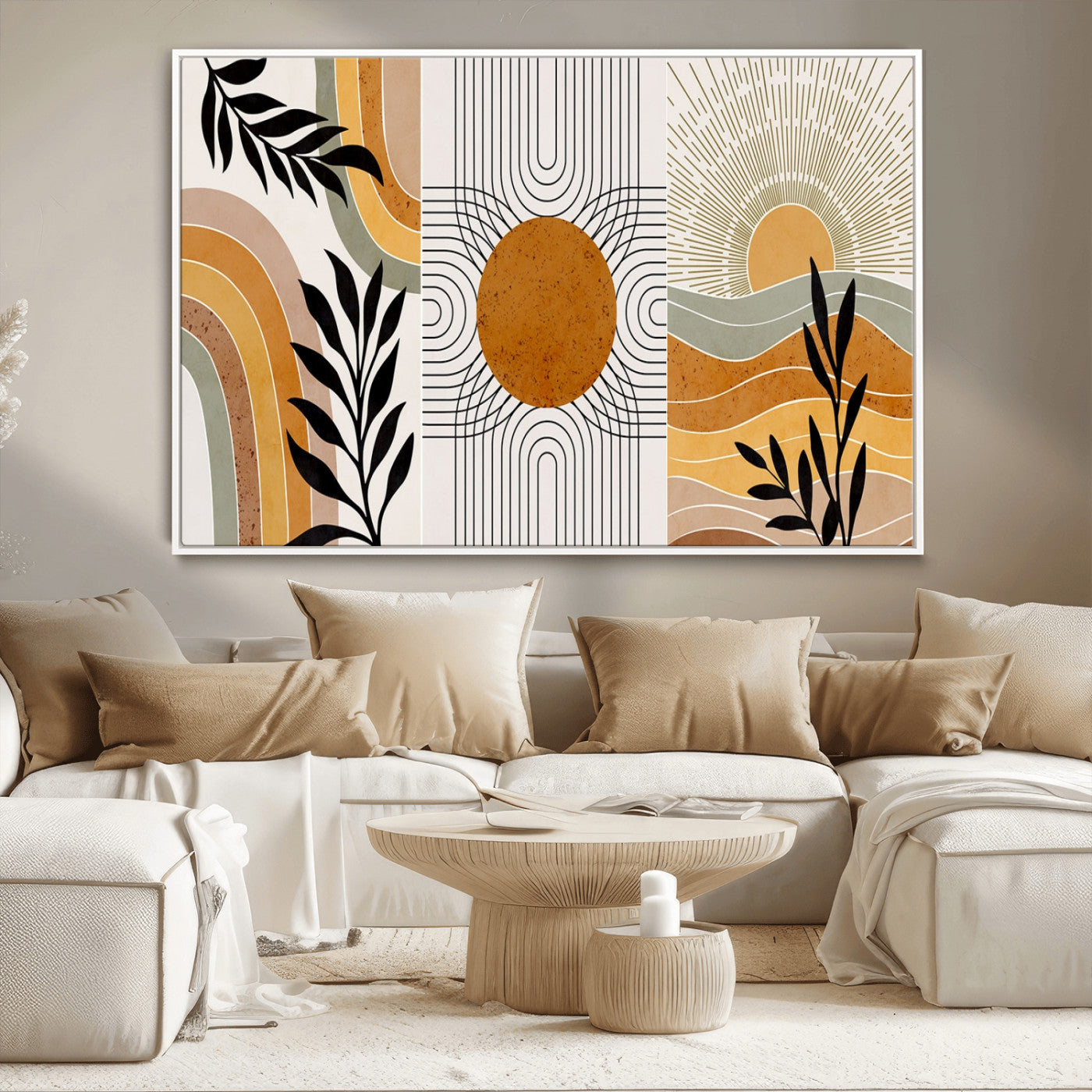 MGV-FC-36X24 - Modern Boho Sun and Leaf Abstract Art – 3-Panel Giclée Canvas for Mid-Century Modern or Bohemian