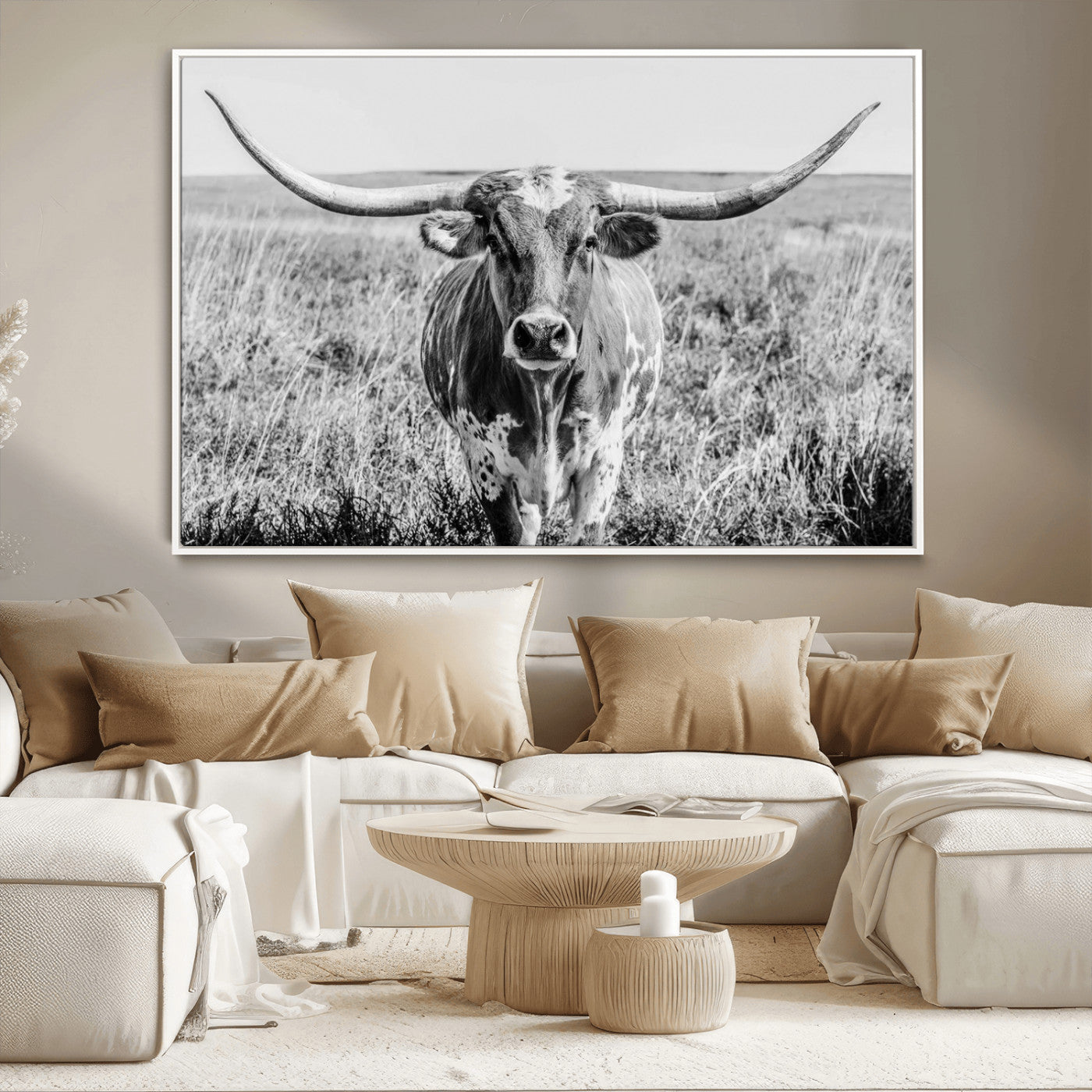 MGV-FC-36X24 - Texas Cow Longhorn Wall Art Canvas Print for Farm House Wall Decor, Farmhouse Wall Art Print