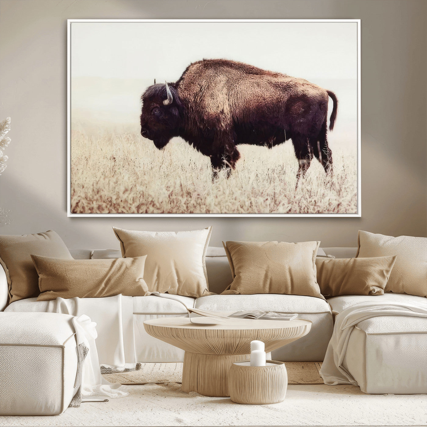 MGV-FC-36X24 - Bison in Field Wall Art Canvas Print For Farmhouse Barn Decor
