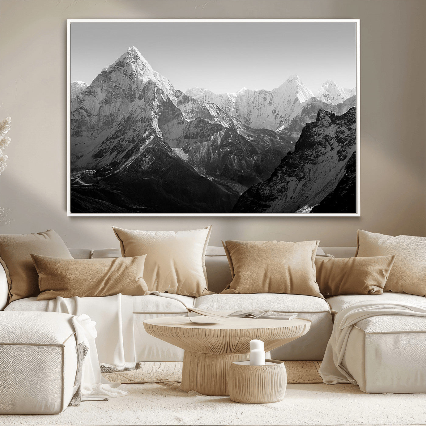 MGV-FC-36X24 - Everest Himalaya Mountain Peaks Black & White Triptych Canvas Art – Mountain Wall Decor for Minimalist Interiors