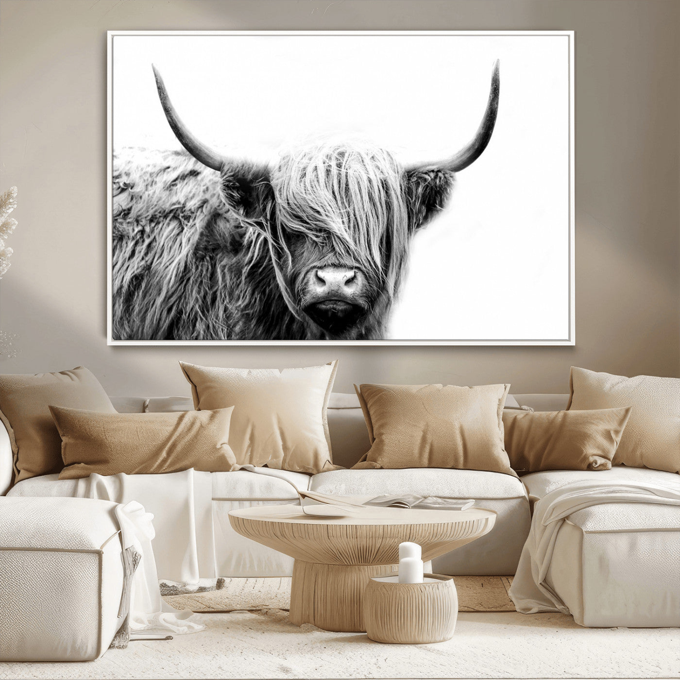 MGV-FC-36X24 - Black White Scottish Highland Cow Cattle Art Print Farmhouse Wall Art Canvas Print