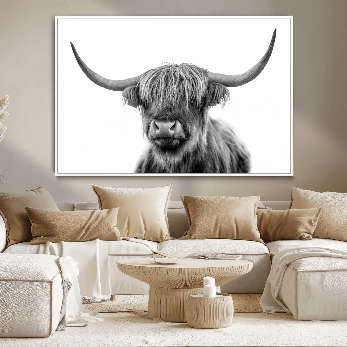 MGV-FC-36X24 - Grayscale Scottish Highland Cow Cattle Art Print Farmhouse Wall Art Canvas Print