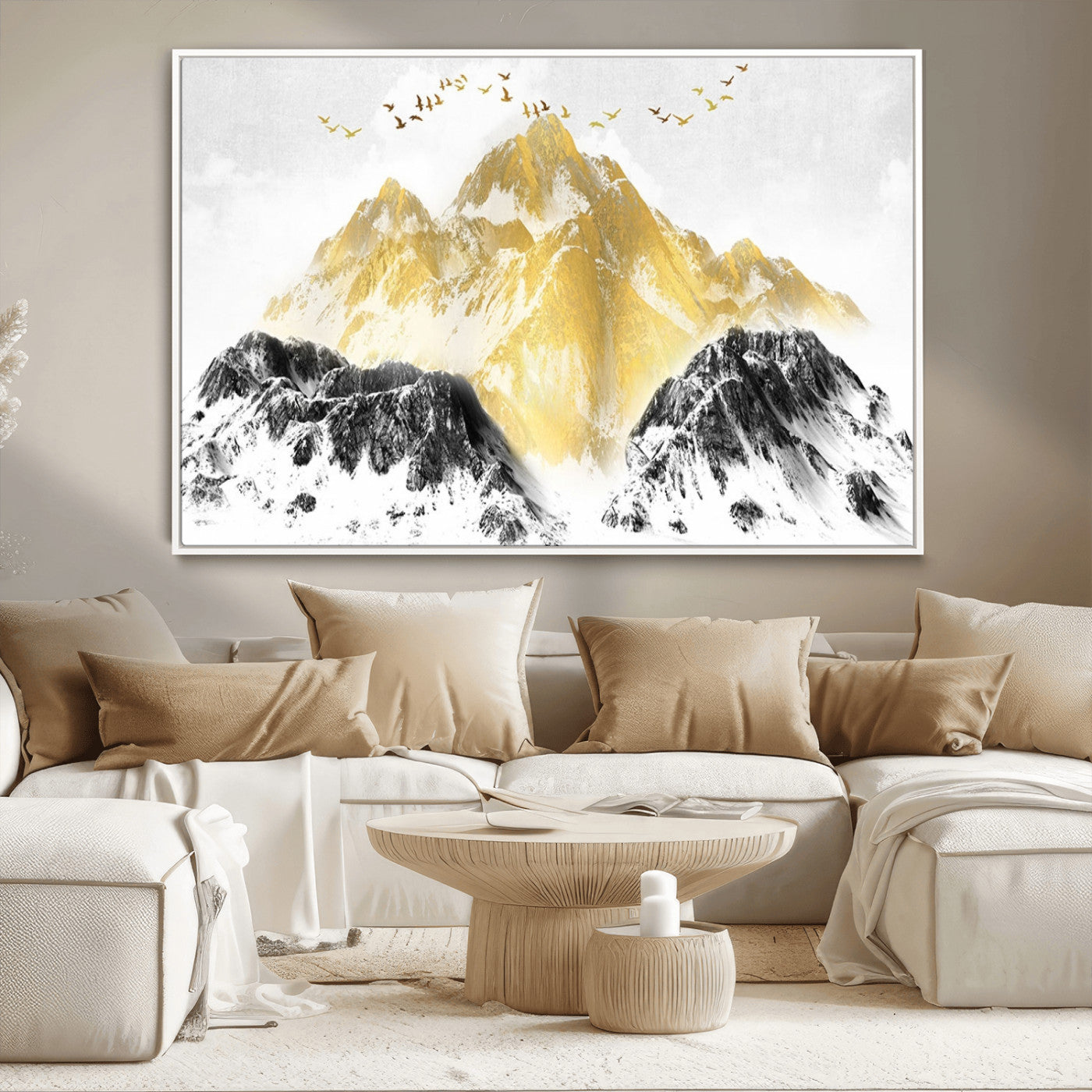MGV-FC-36X24 - Golden Mountain Triptych Wall Art, Modern Giclee Canvas Print, Nature Landscape Decor for Living Room, Contemporary Gold and Black Wall Art