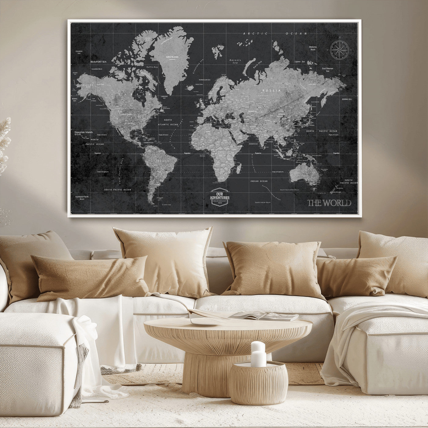 MGV-FC-36X24 - Push Pin World Map Canvas Print – Framed Wall Art for Couples to Track Their Travels – Anniversary