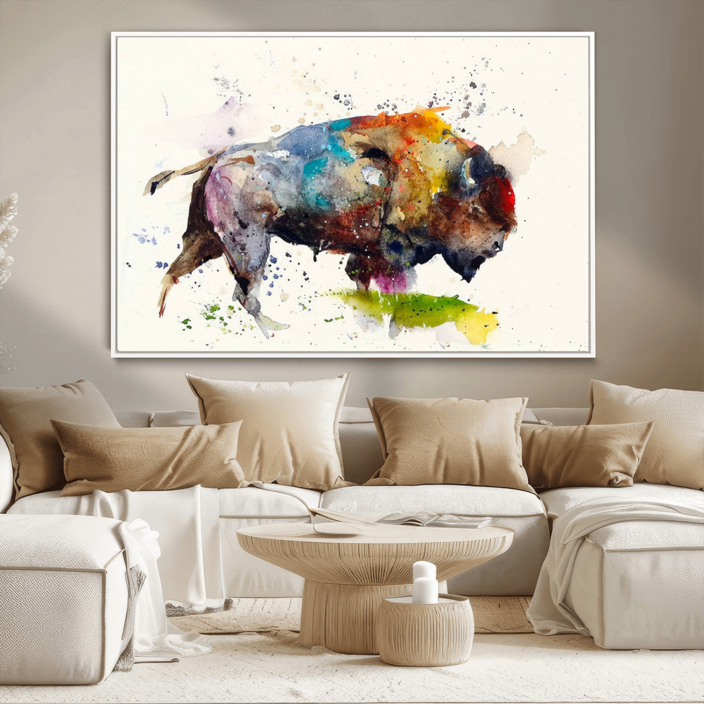 MGV-FC-36X24 - Abstract Buffalo Wall Art, Western Watercolor Bison Canvas Print, Rustic Buffalo Art for Cowboy and Western Decor, Large Multi-Panel Giclee Canvas
