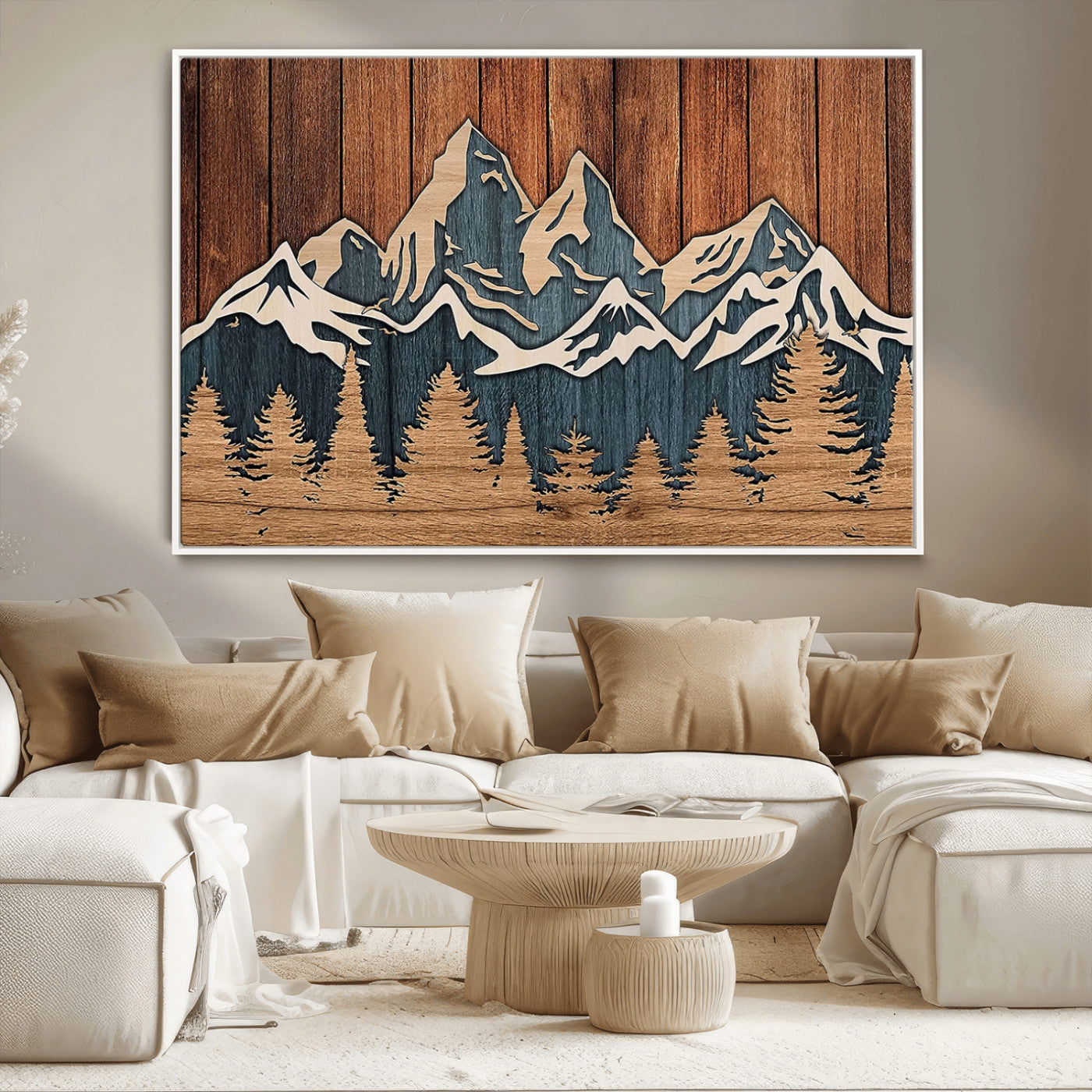 MGV-FC-36X24 - Rustic Wood Style Mountain Wall Art, Nature Forest Canvas Print, Wooden Textured Mountain Artwork, Handcrafted Landscape Decor for Farmhouse Decor