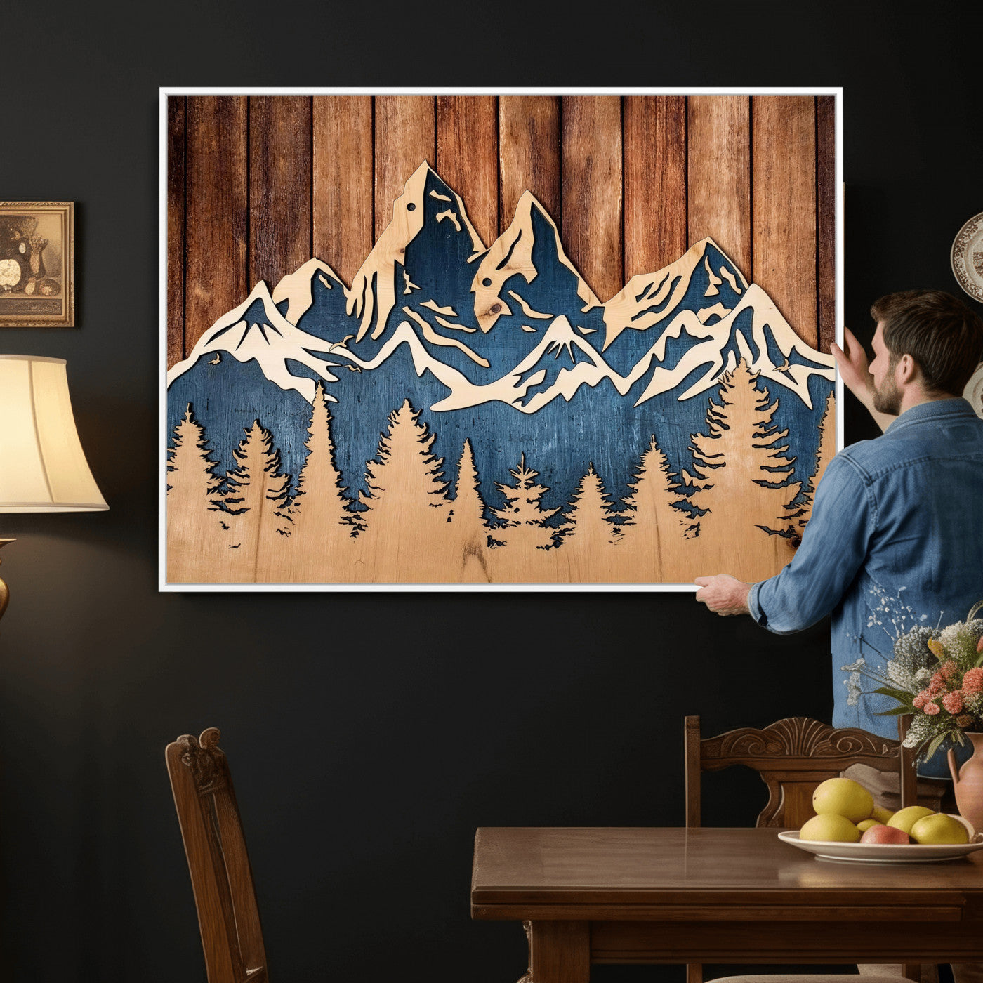 41330-MGV-CV-36X24 - Rustic Wood Style Mountain Wall Art, Nature Forest Canvas Print, Wooden Textured Mountain Artwork Print