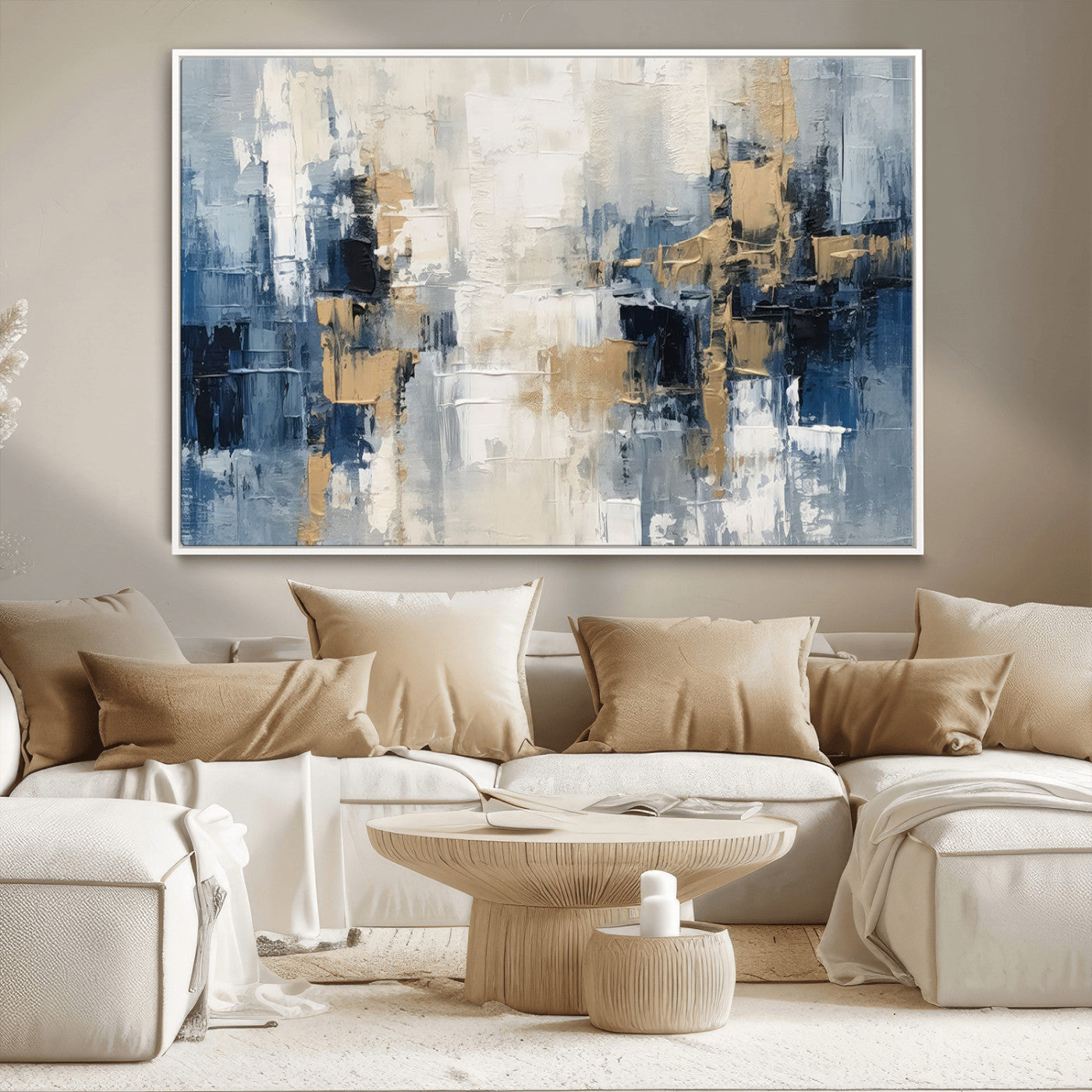 -Modern Abstract Canvas Wall Art in Blue and Gold Tones | Large Contemporary Art for Living Room,