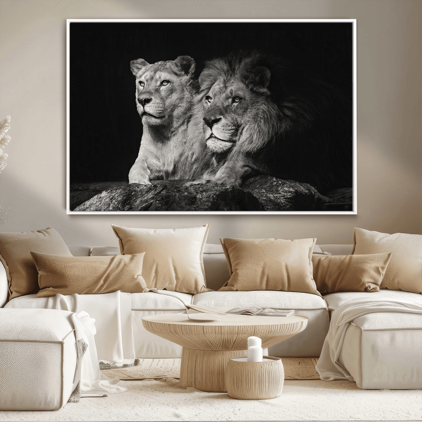 MGV-FC-36X24 - Lion Couple Canvas Wall Art Print – Elegant Wildlife Portrait in Black and White Lion Family – Ready to Hang