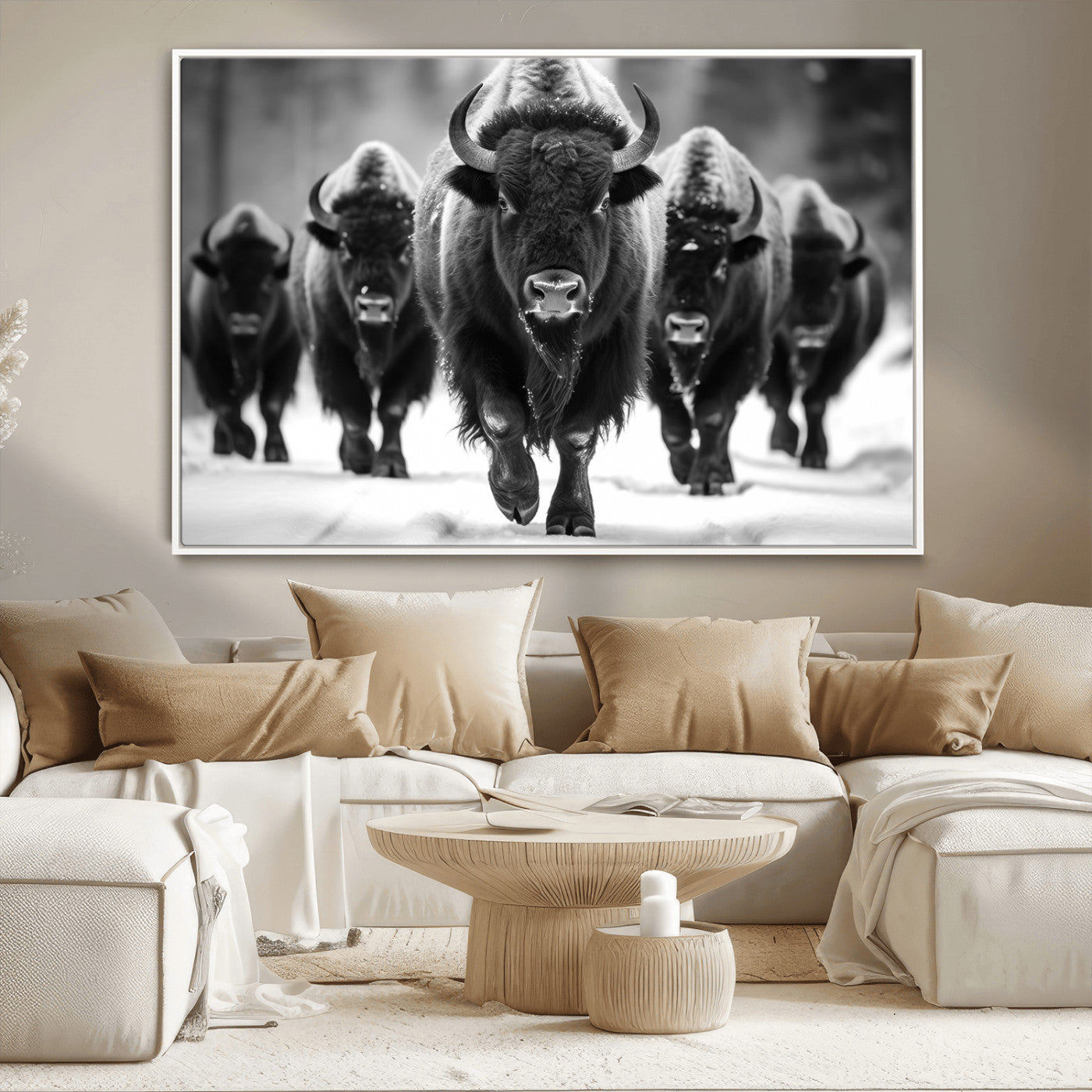 MGV-FC-36X24 - American Bison Art | Buffalo Herd Wall Art Canvas Print, BW American Bison Herd Wall Art Canvas Print