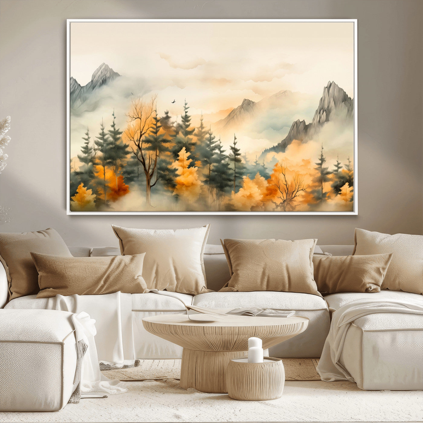 MGV-FC-36X24 - Abstract Watercolor Mountains and Trees Autumn Art, Watercolor Mountains and Trees Canvas Print