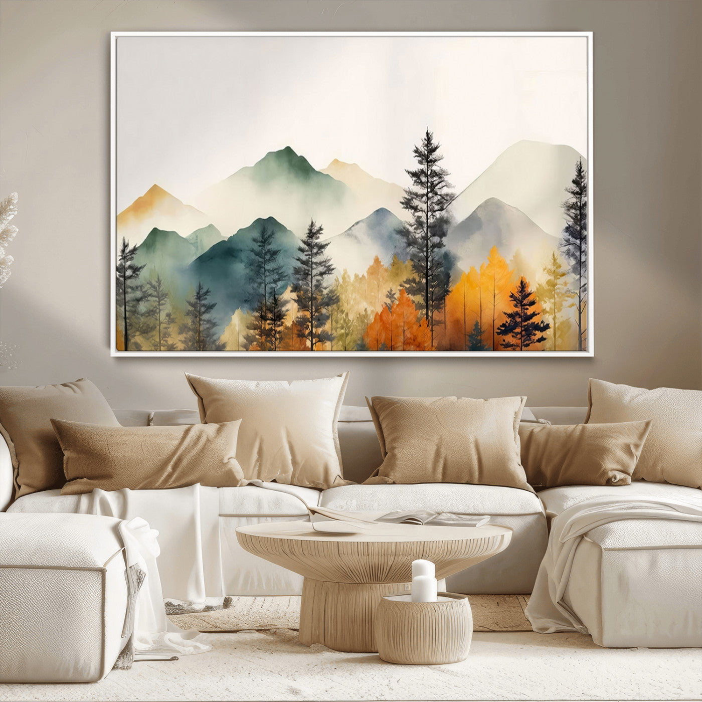 MGV-FC-36X24 - Abstract Watercolor Mountains and Trees Autumn Wall Art, Mountains and Trees Autumn Wall Art Canvas