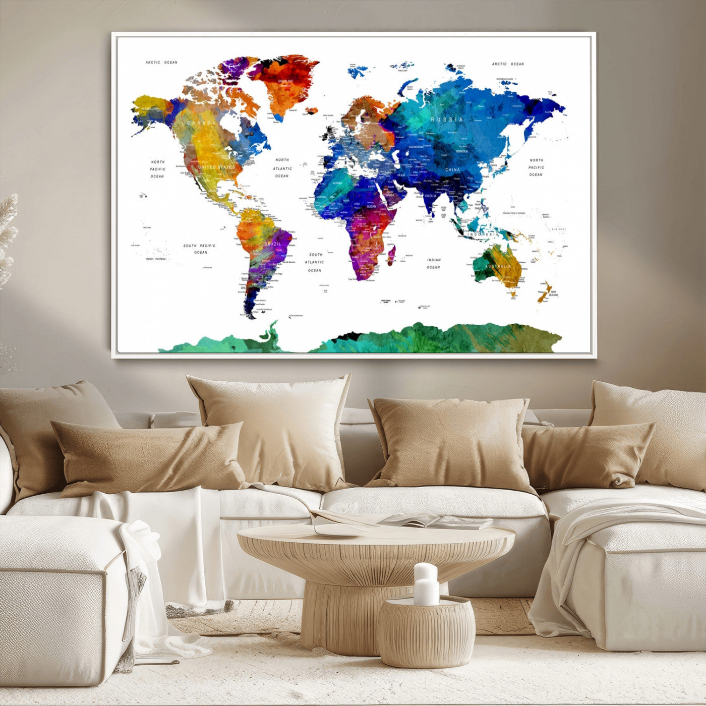 -Push Pin World Map Canvas Print – Framed Wall Art for Couples to Track Their Travels – Anniversary