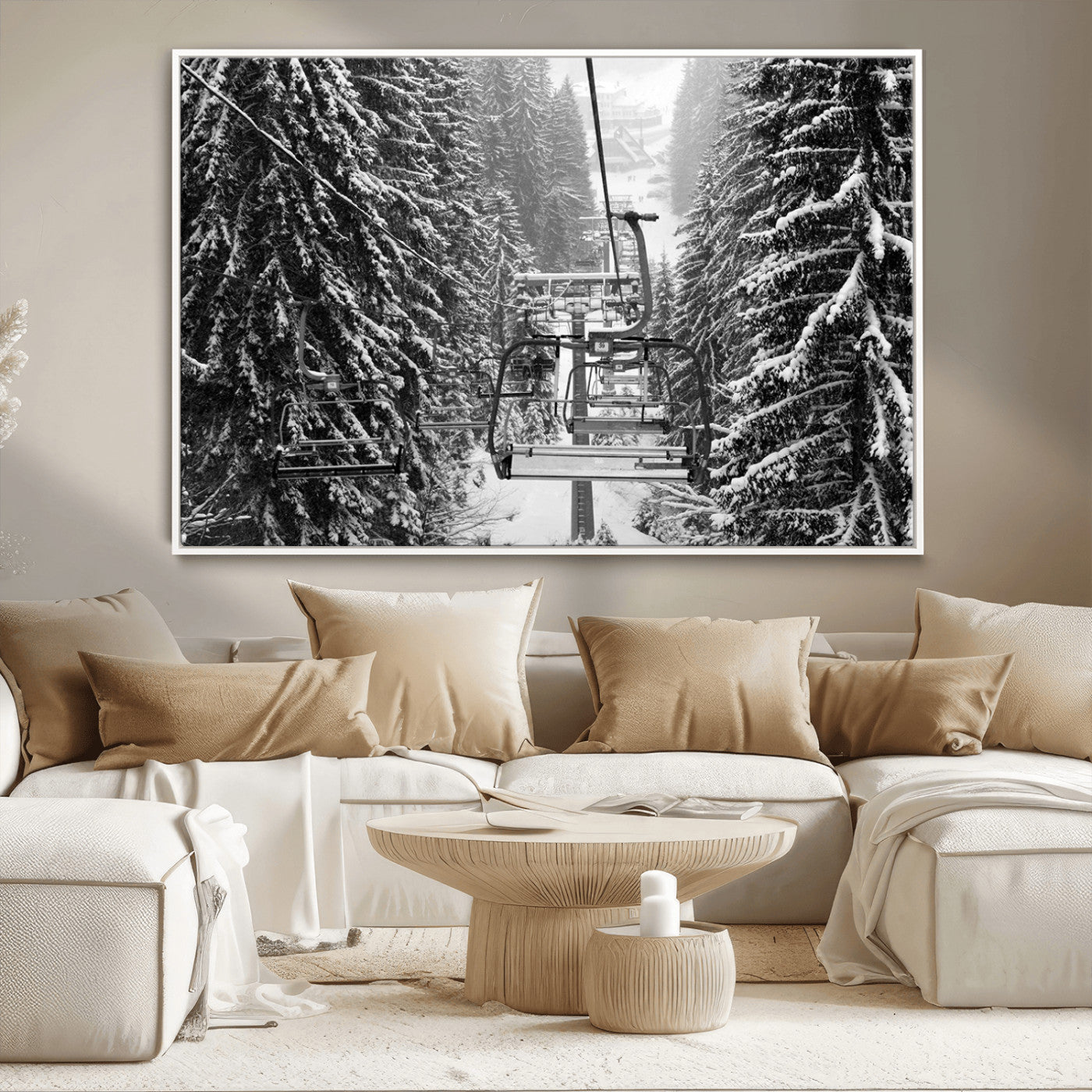 MGV-FC-36X24 - Winter Ski Lift Black and White Canvas Wall Art – Alpine Escape in Minimalist Style – Ready to Hang