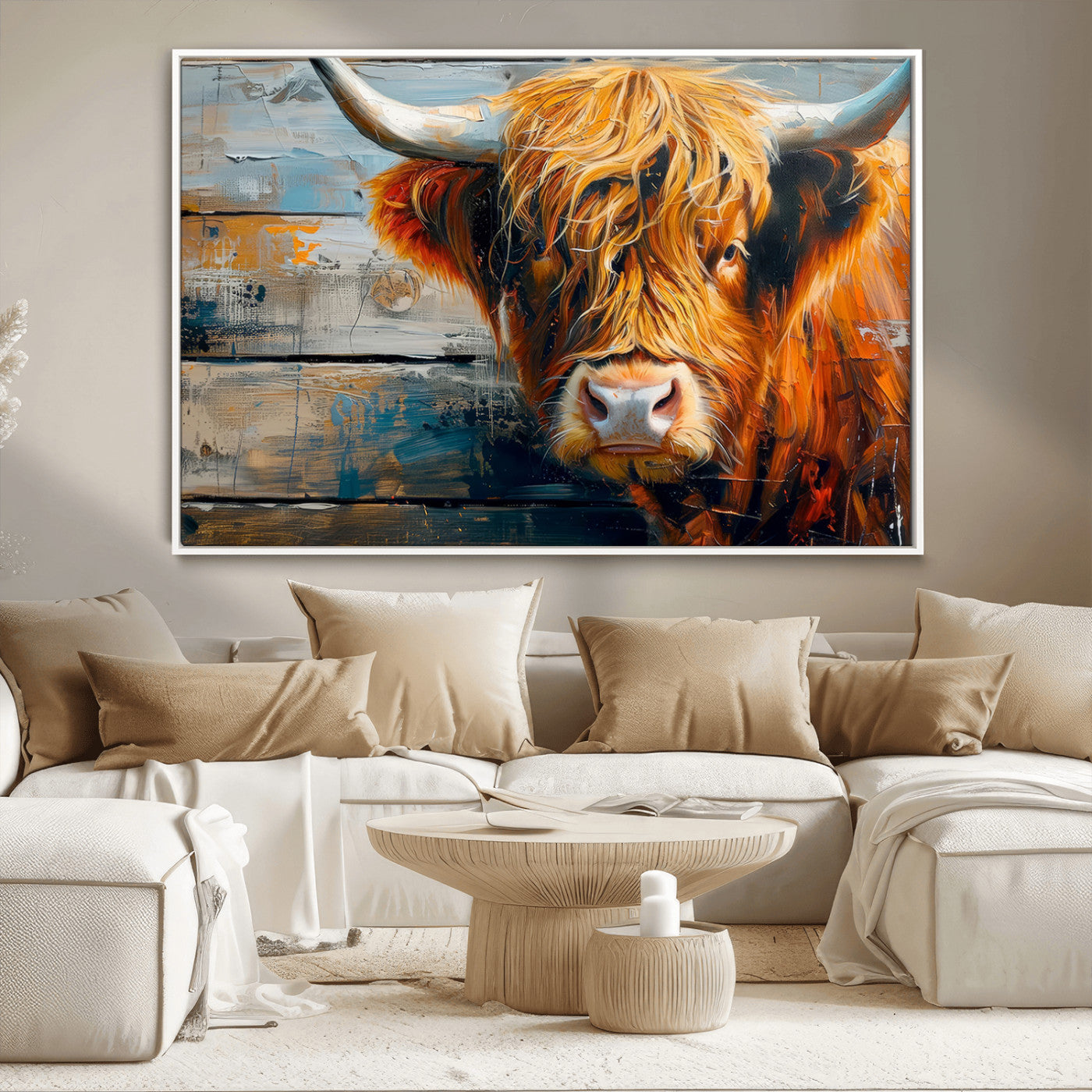 -Highland Cow Abstract Canvas Wall Art – Bold Farmhouse Rustic Decor – Ready to Hang