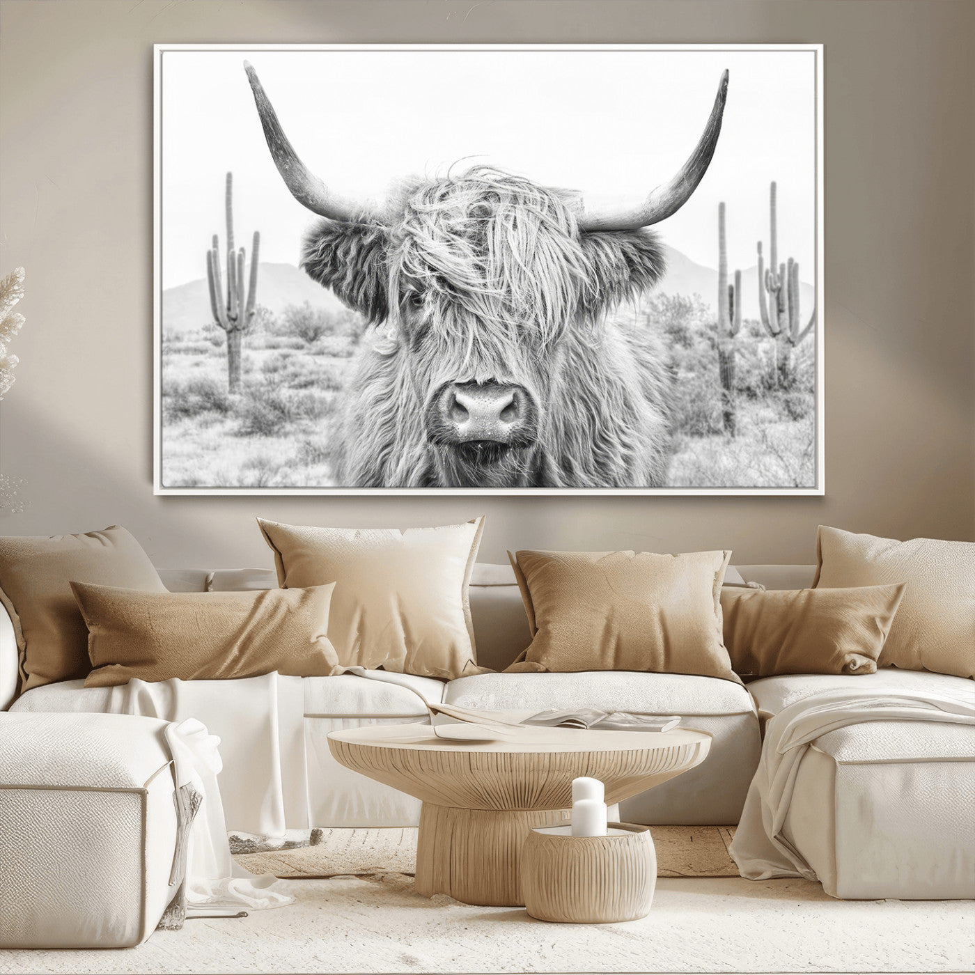 -Rustic Charm | Cow Longhorn Black White Bighorn Wall Art Canvas Print | Farmhouse Wall Art