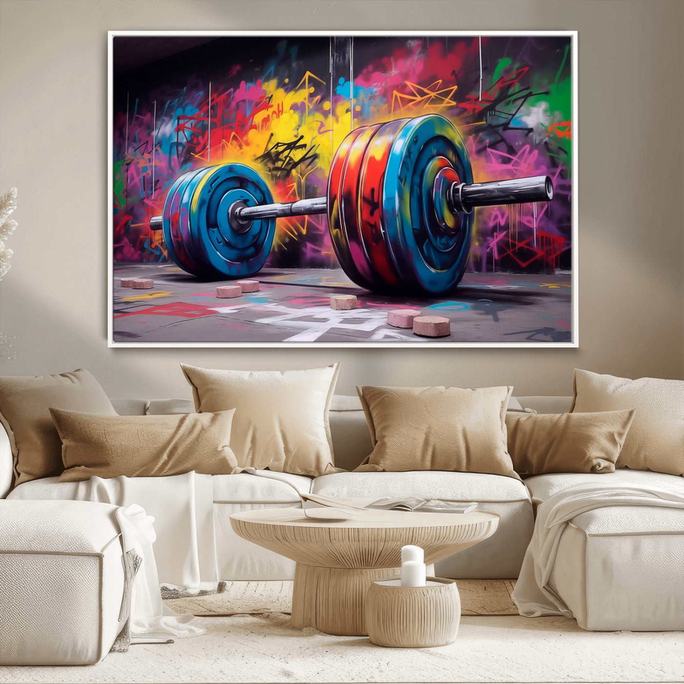 MGV-FC-36X24 - Abstract Graffiti Barbell Canvas Wall Art – Urban Fitness Meets Bold Street Art Print - Gym Wall Art Print