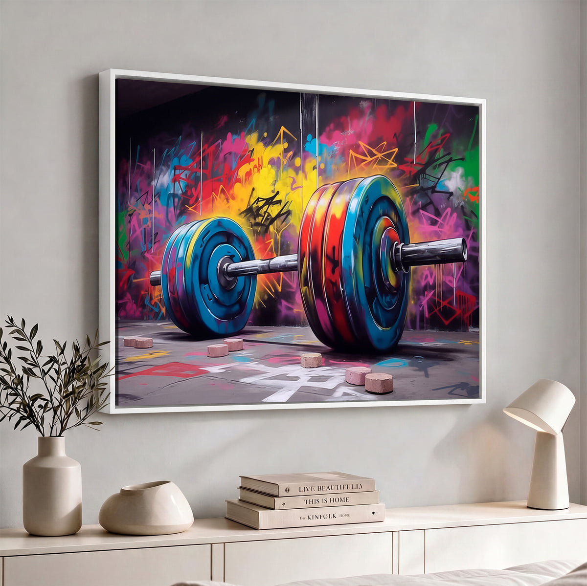 13549-MGV-CV-36X24 - Abstract Graffiti Barbell Canvas Wall Art | Urban Fitness Meets Bold Street Art