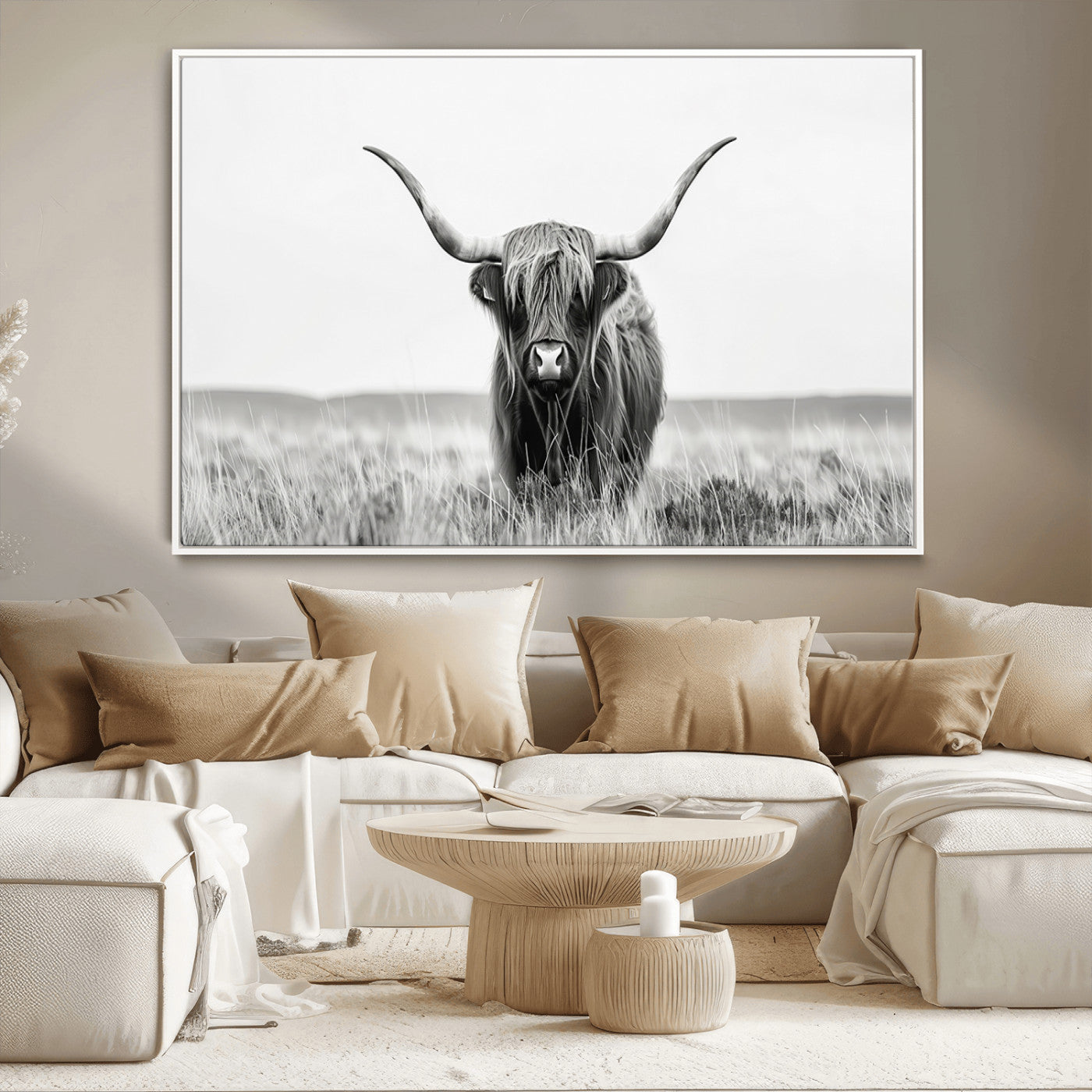MGV-FC-36X24 - Highland Cow Canvas Wall Art – Majestic Beauty in Black and White – Ready to Hang