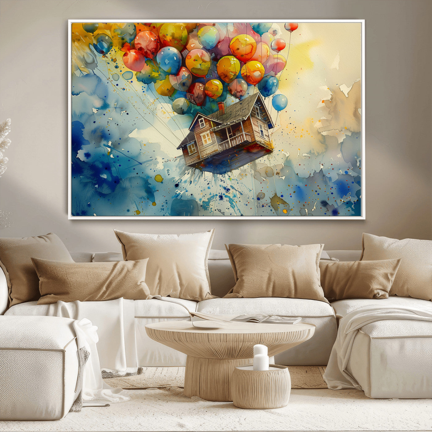 MGV-FC-36X24 - UP-Inspired Floating House with Balloons Canvas Art – Colorful 3-Panel Wall Decor for Living Room,